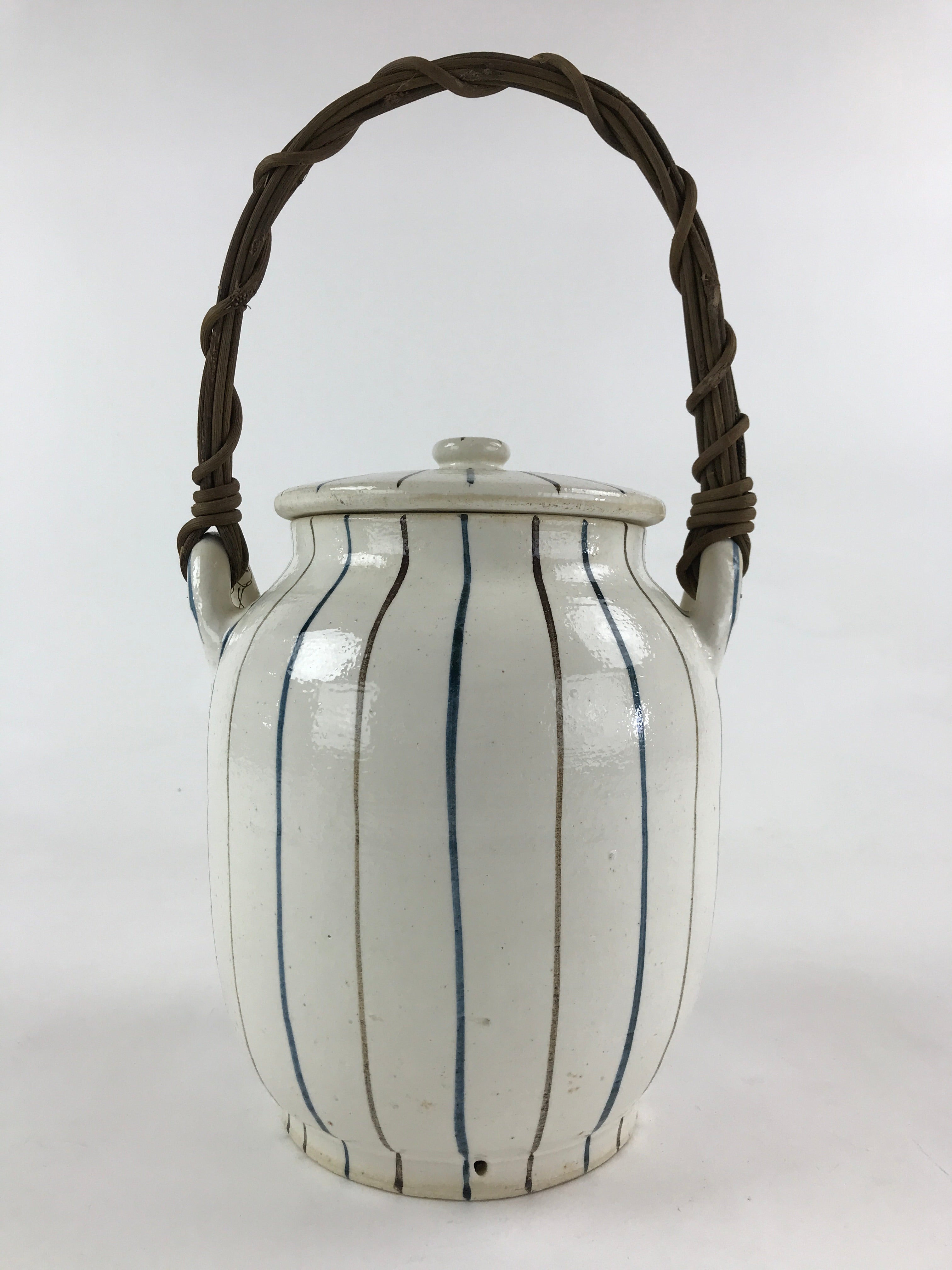 Japanese Ceramic Lidded Jar Handle Tsubo Iremono Vtg Pottery White PY451