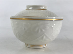 Japanese Ceramic Lidded Rice Bowl White Chawan Vtg Pottery Handmade Flower PY276