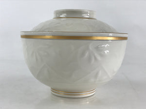 Japanese Ceramic Lidded Rice Bowl White Chawan Vtg Pottery Handmade Flower PY276