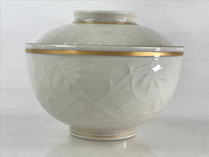 Japanese Ceramic Lidded Rice Bowl White Chawan Vtg Pottery Handmade Flower PY278