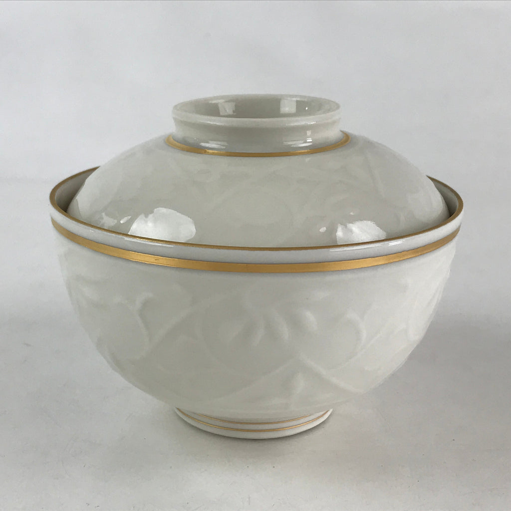 Japanese Ceramic Lidded Rice Bowl White Chawan Vtg Pottery Handmade Flower PY278