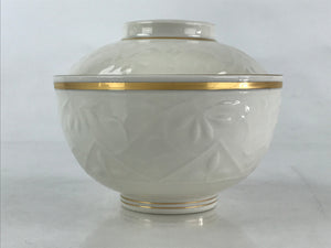 Japanese Ceramic Lidded Rice Bowl White Chawan Vtg Pottery Handmade Flower PY279