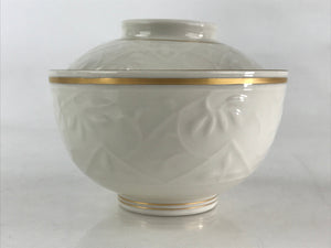 Japanese Ceramic Lidded Rice Bowl White Chawan Vtg Pottery Handmade Flower PY280