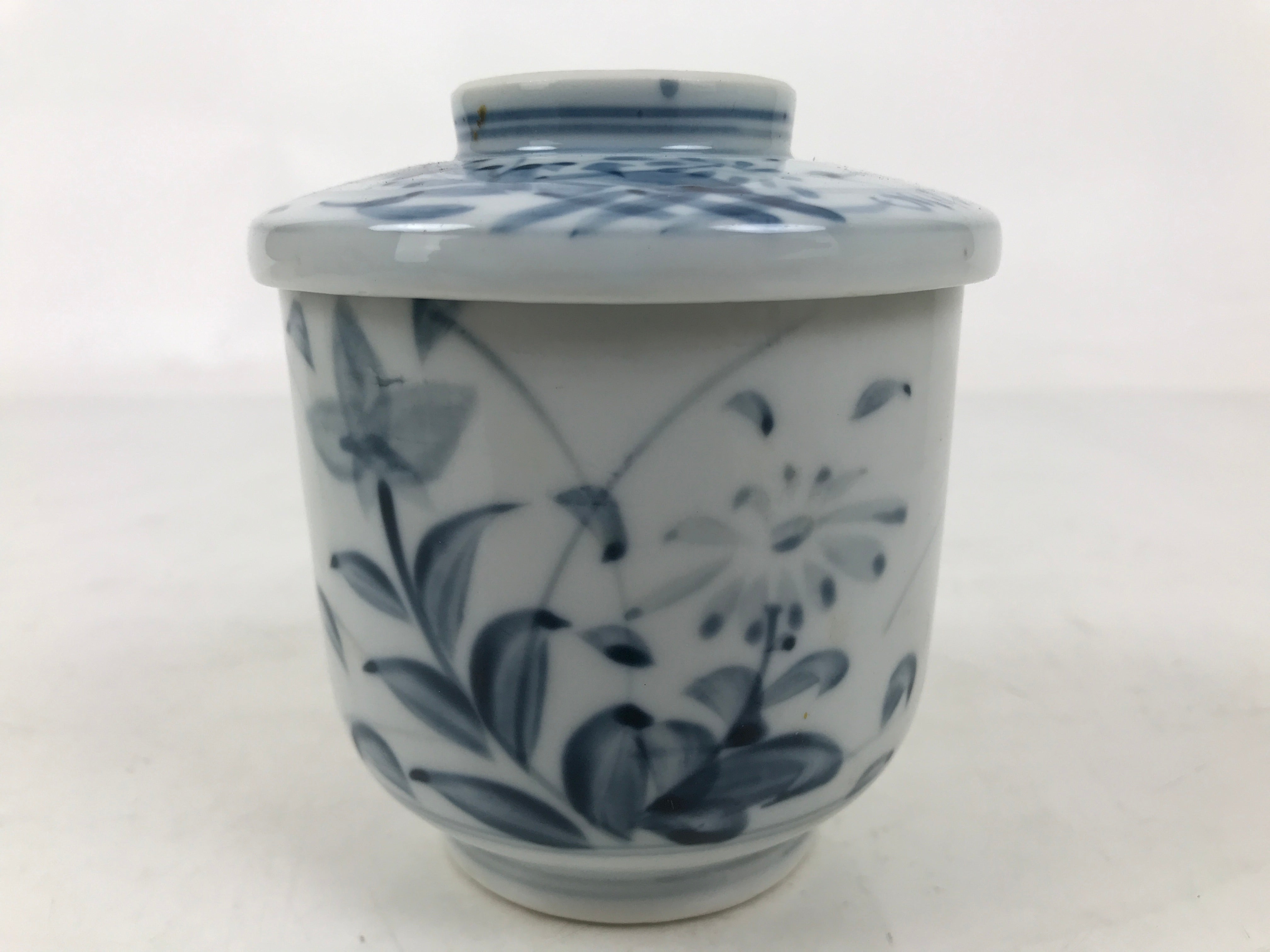 Japanese Ceramic Lidded Teacup Vtg Sometsuke Autumn Flowers Blue White TC567