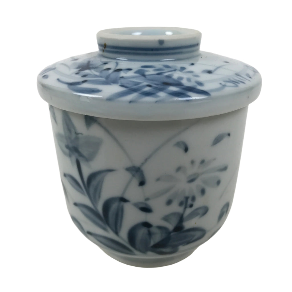 Japanese Ceramic Lidded Teacup Vtg Sometsuke Autumn Flowers Blue White TC567