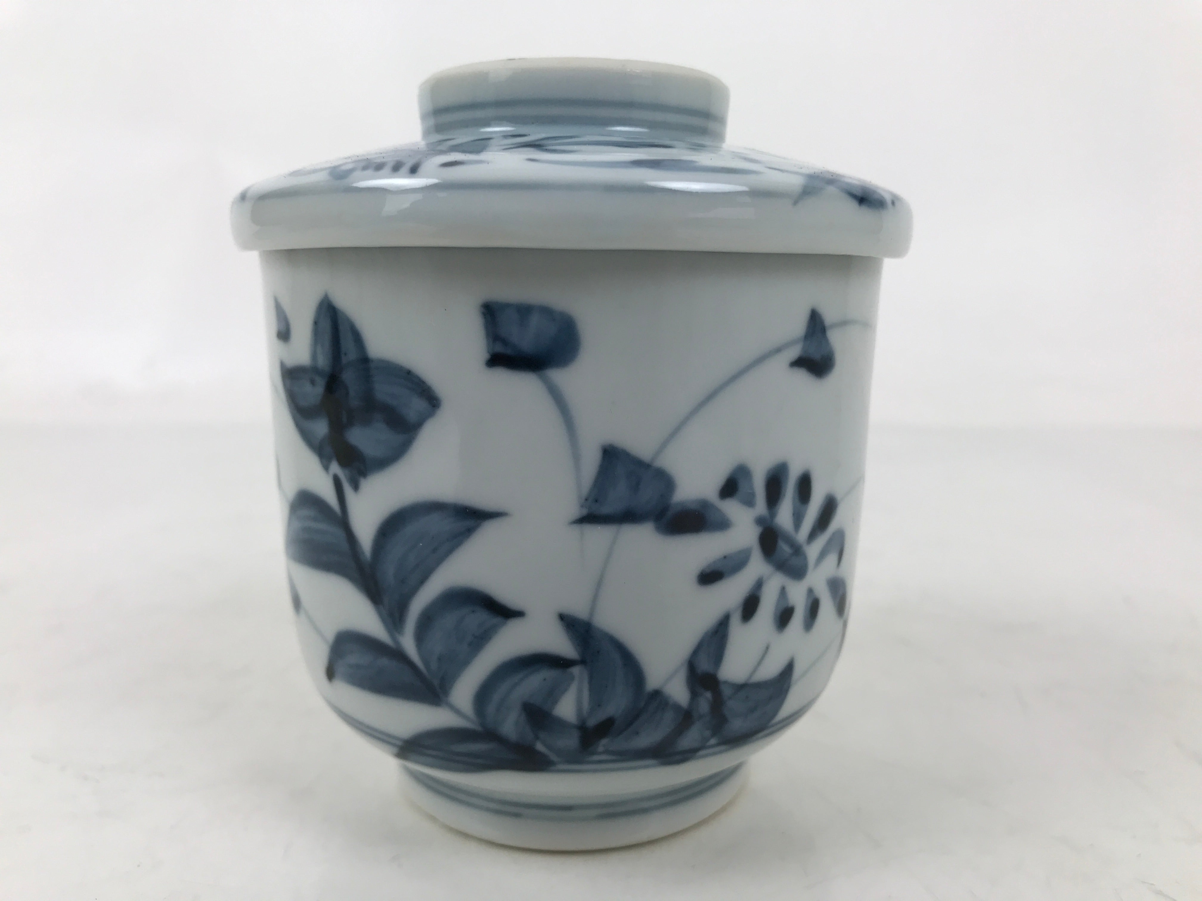 Japanese Ceramic Lidded Teacup Vtg Sometsuke Autumn Flowers Blue White TC568