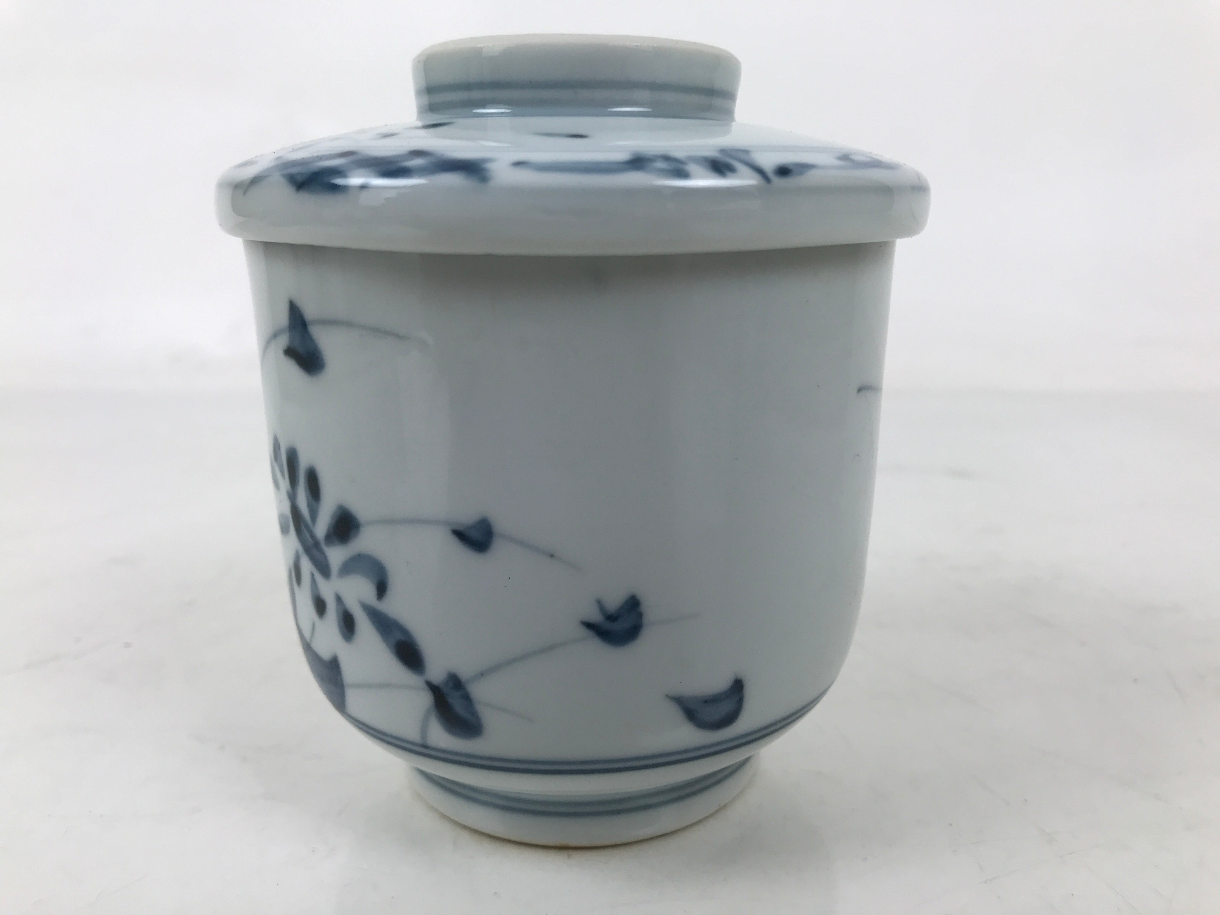 Japanese Ceramic Lidded Teacup Vtg Sometsuke Autumn Flowers Blue White TC568
