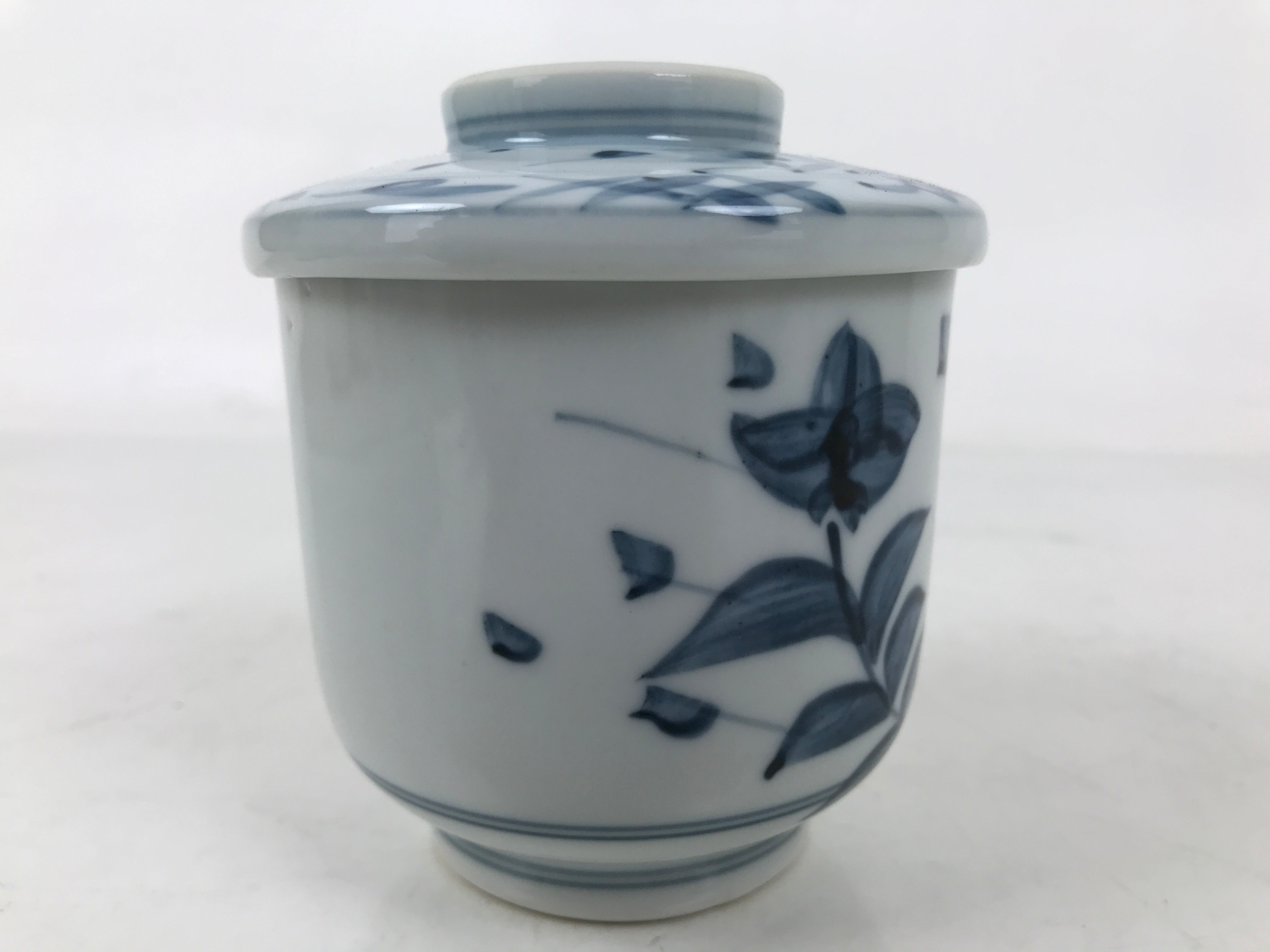 Japanese Ceramic Lidded Teacup Vtg Sometsuke Autumn Flowers Blue White TC568