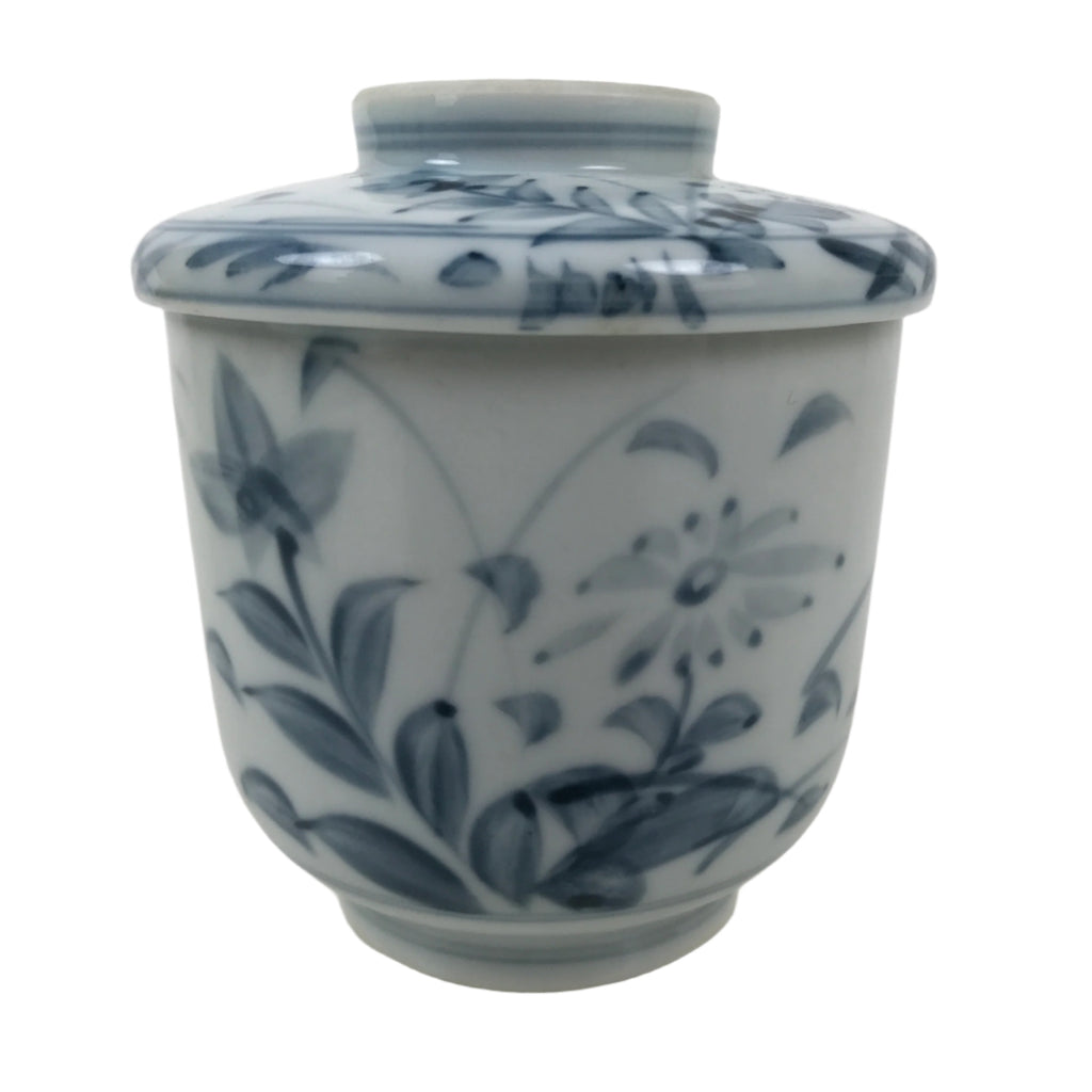 Japanese Ceramic Lidded Teacup Vtg Sometsuke Autumn Flowers Blue White TC569