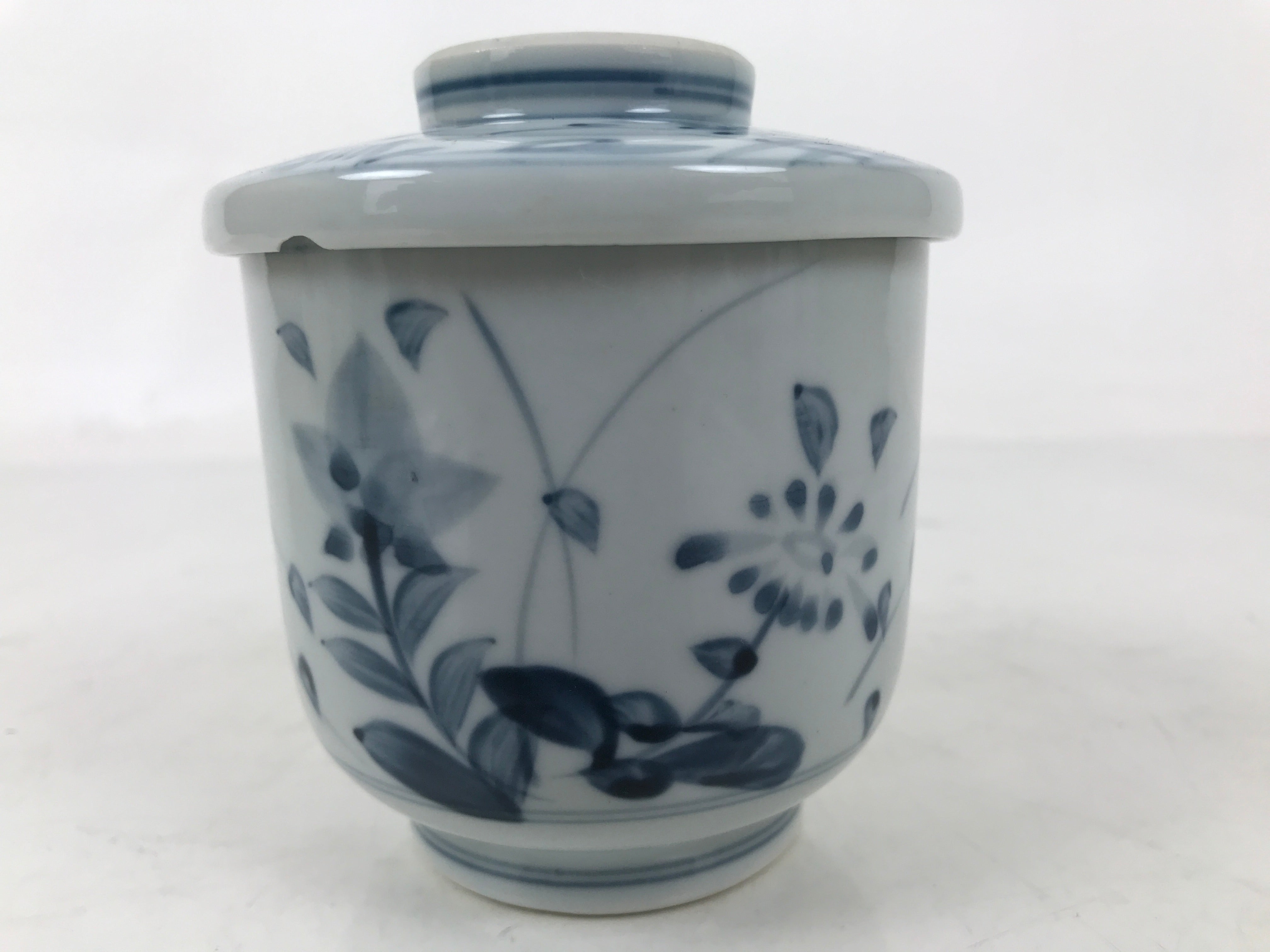 Japanese Ceramic Lidded Teacup Vtg Sometsuke Autumn Flowers Blue White TC570