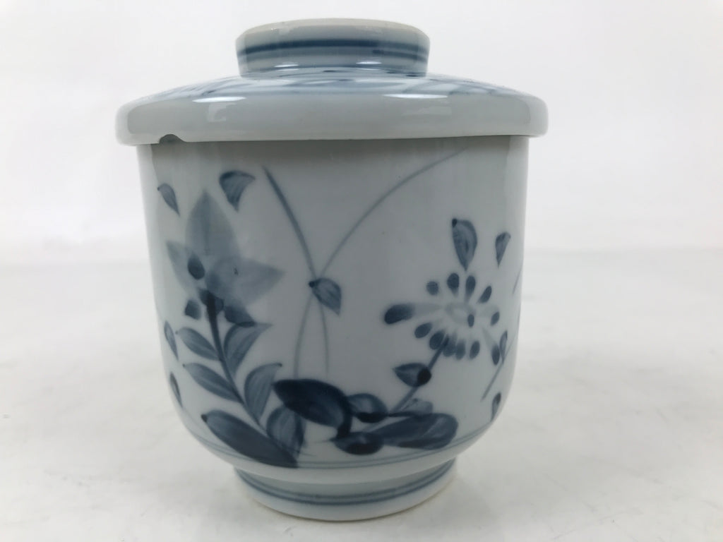 Japanese Ceramic Lidded Teacup Vtg Sometsuke Autumn Flowers Blue White TC570