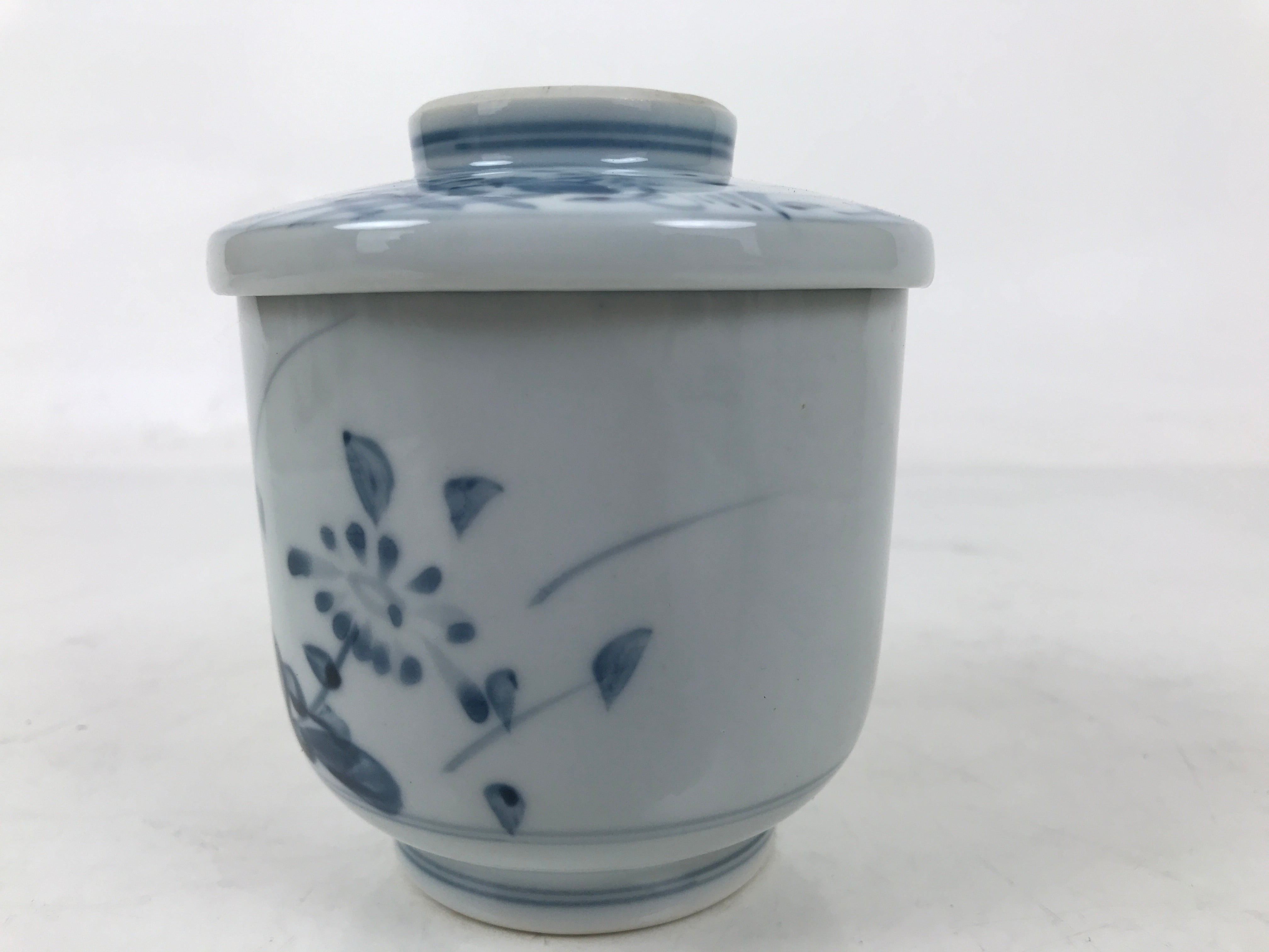 Japanese Ceramic Lidded Teacup Vtg Sometsuke Autumn Flowers Blue White TC570