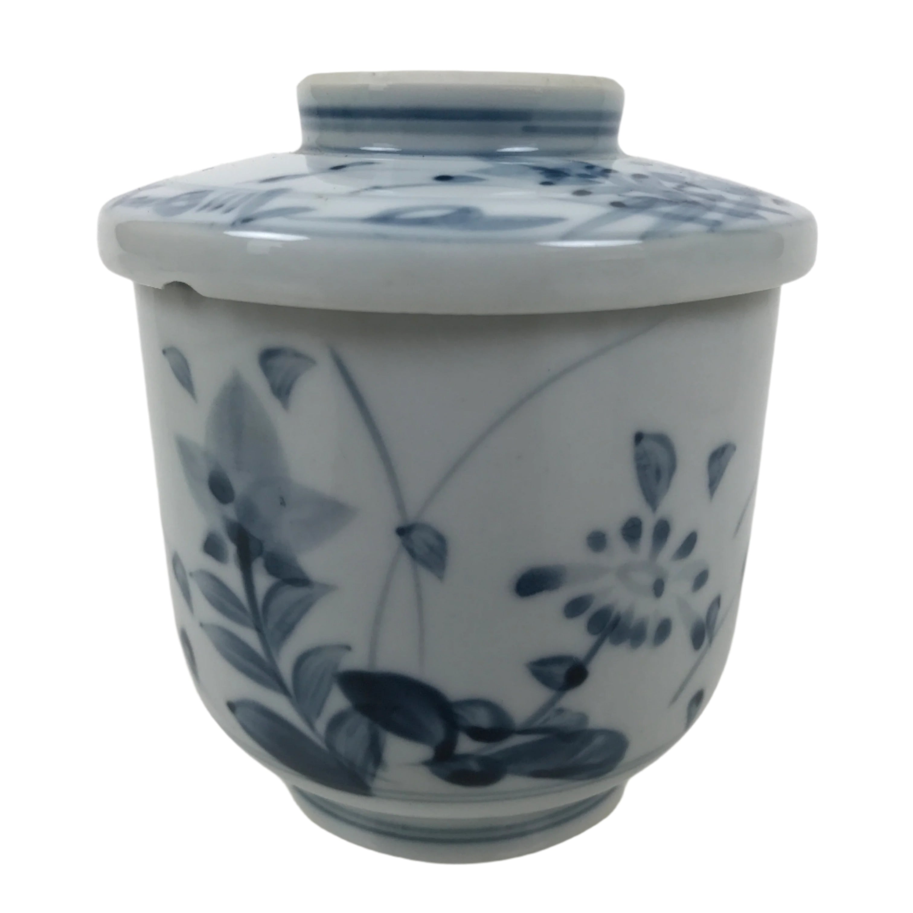 Japanese Ceramic Lidded Teacup Vtg Sometsuke Autumn Flowers Blue White TC570
