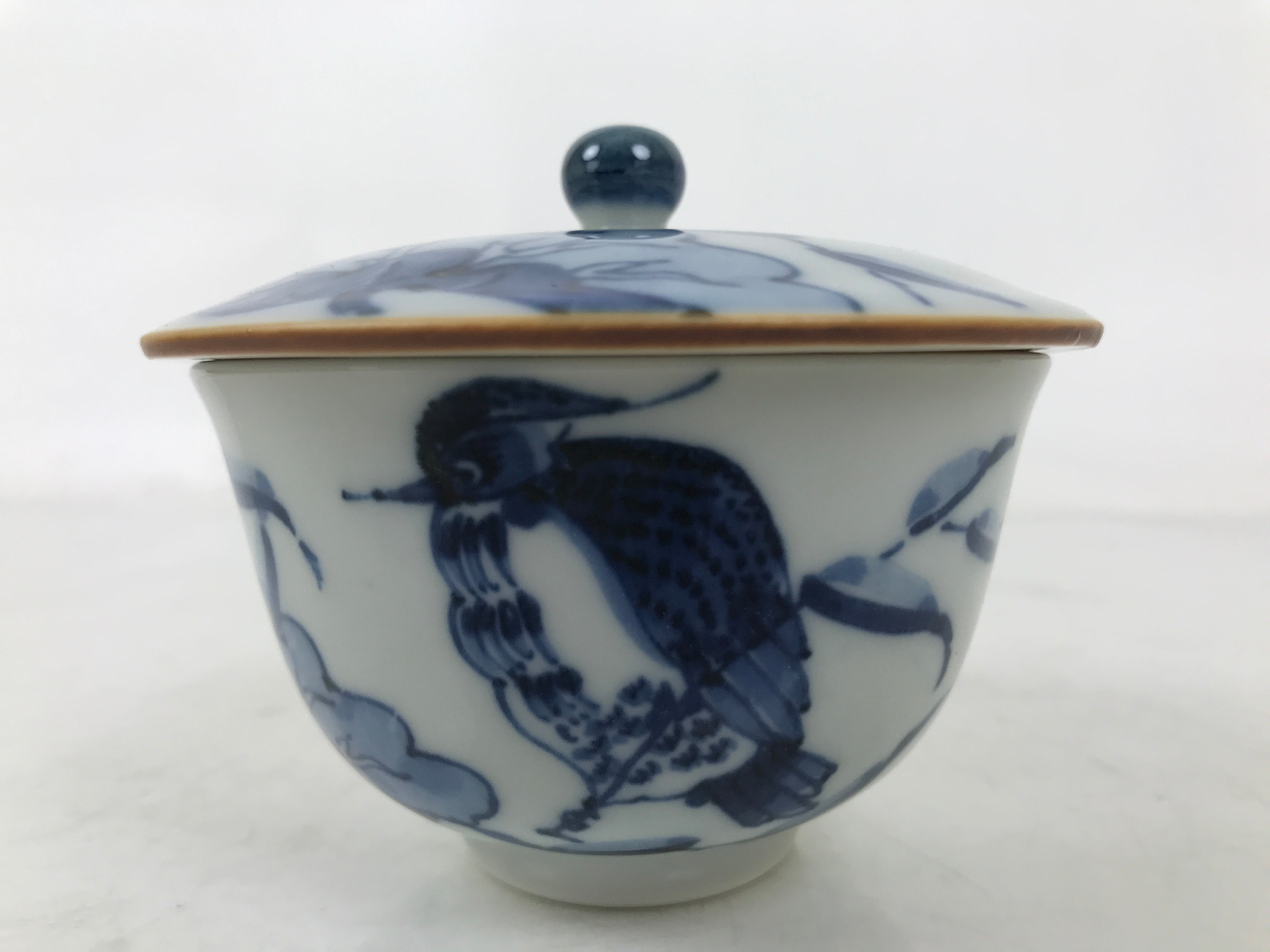 Japanese Ceramic Lidded Teacup Vtg Sometsuke Bird Tree Blue White TC577