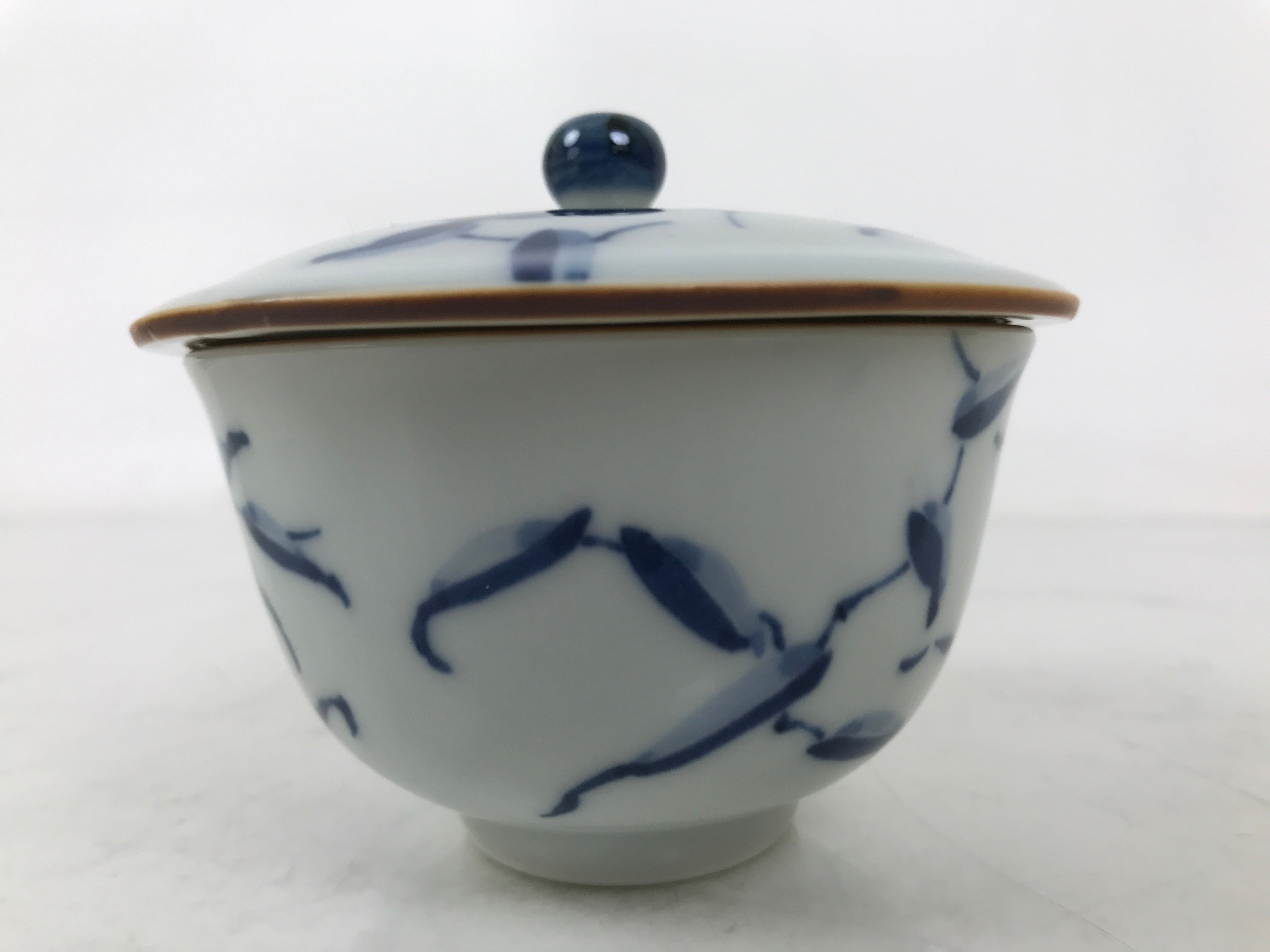 Japanese Ceramic Lidded Teacup Vtg Sometsuke Bird Tree Blue White TC577