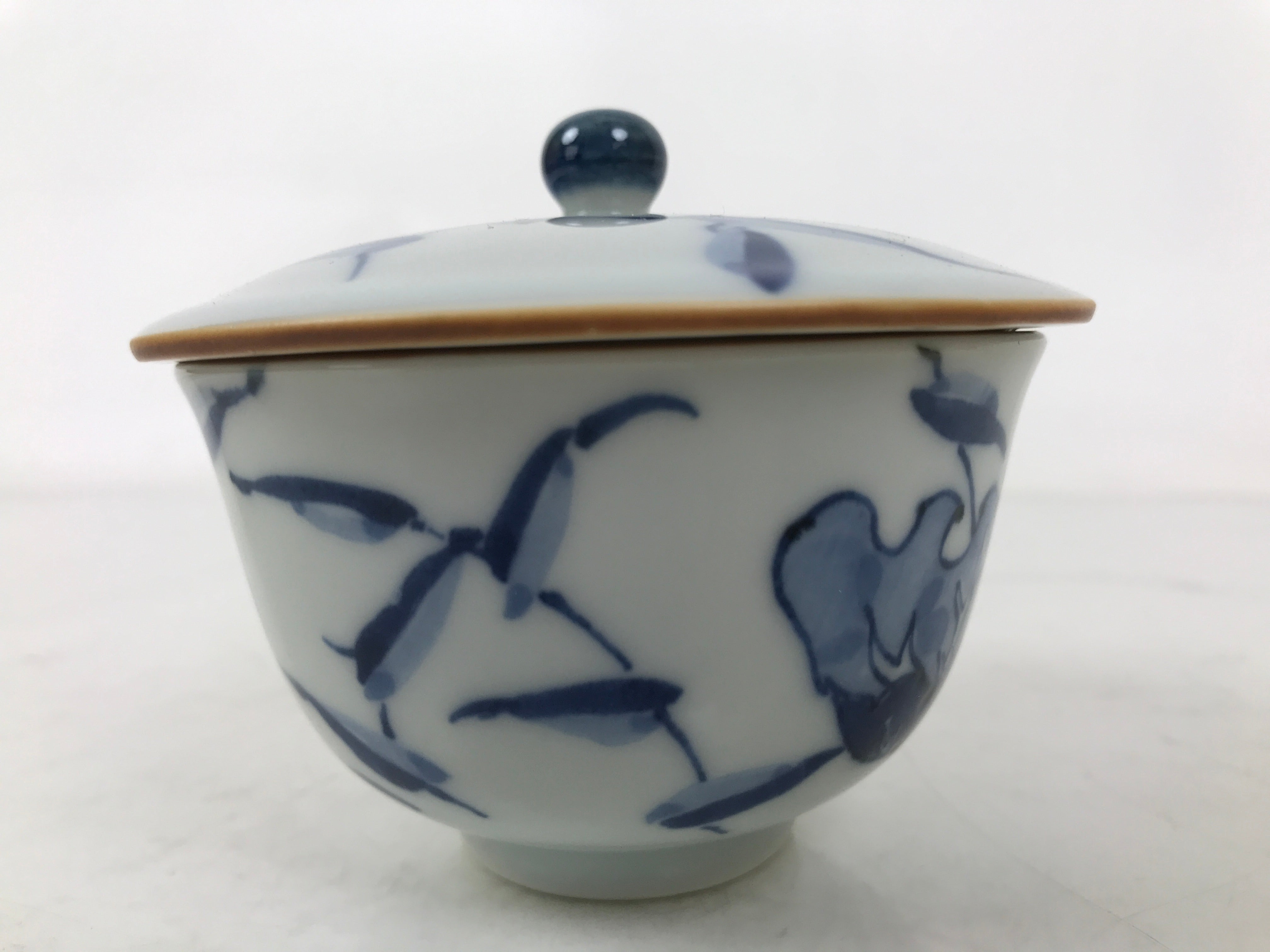 Japanese Ceramic Lidded Teacup Vtg Sometsuke Bird Tree Blue White TC577