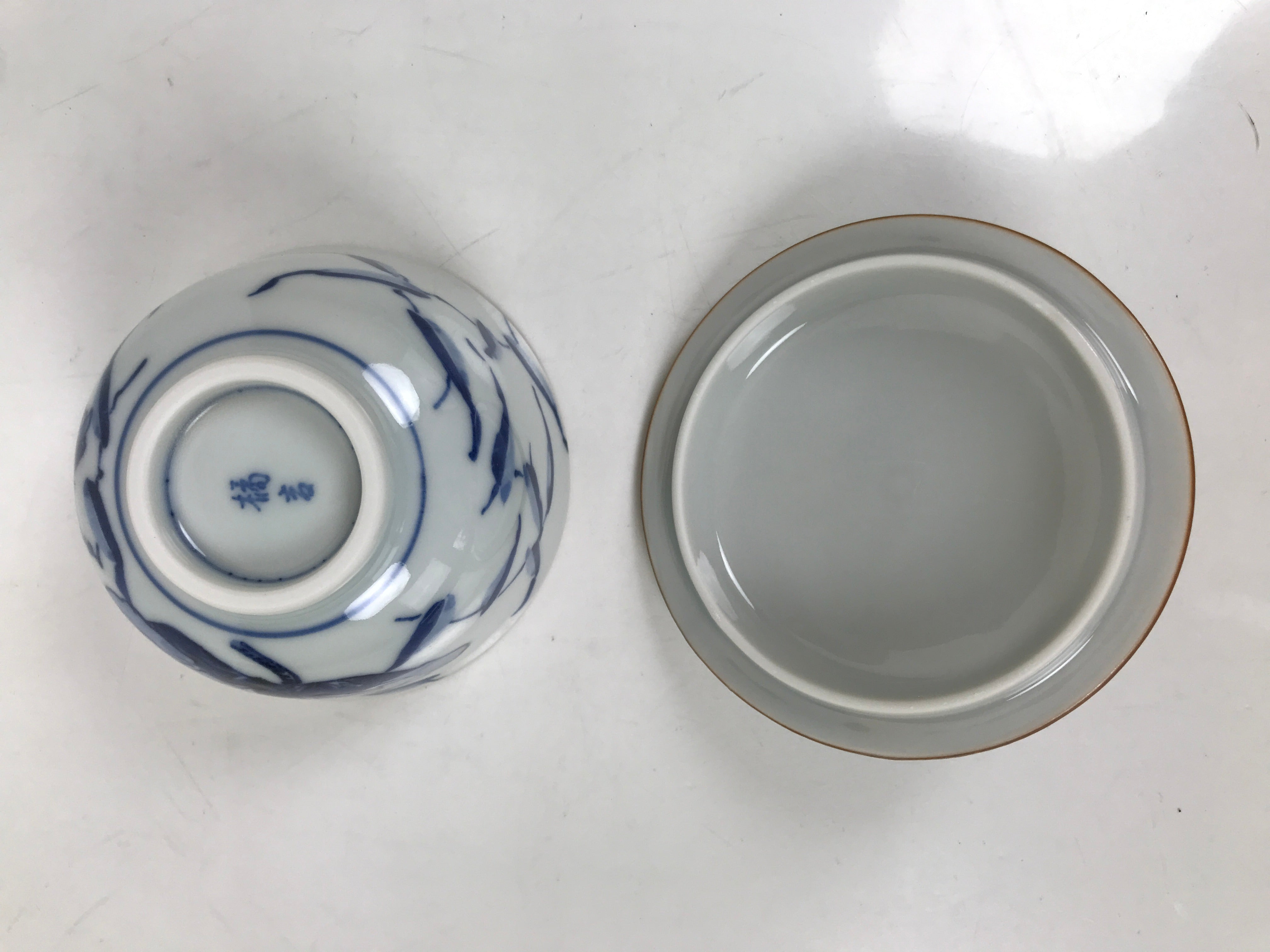 Japanese Ceramic Lidded Teacup Vtg Sometsuke Bird Tree Blue White TC577