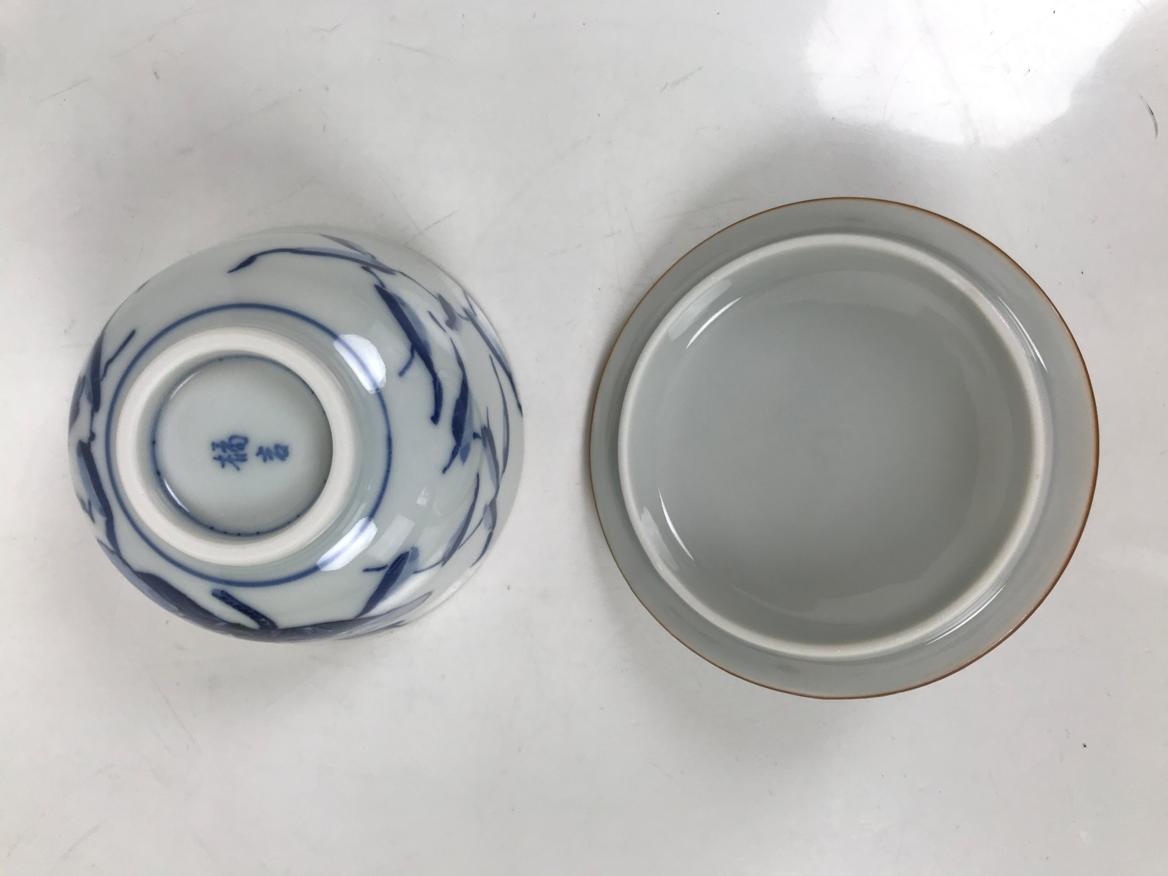 Japanese Ceramic Lidded Teacup Vtg Sometsuke Bird Tree Blue White TC577
