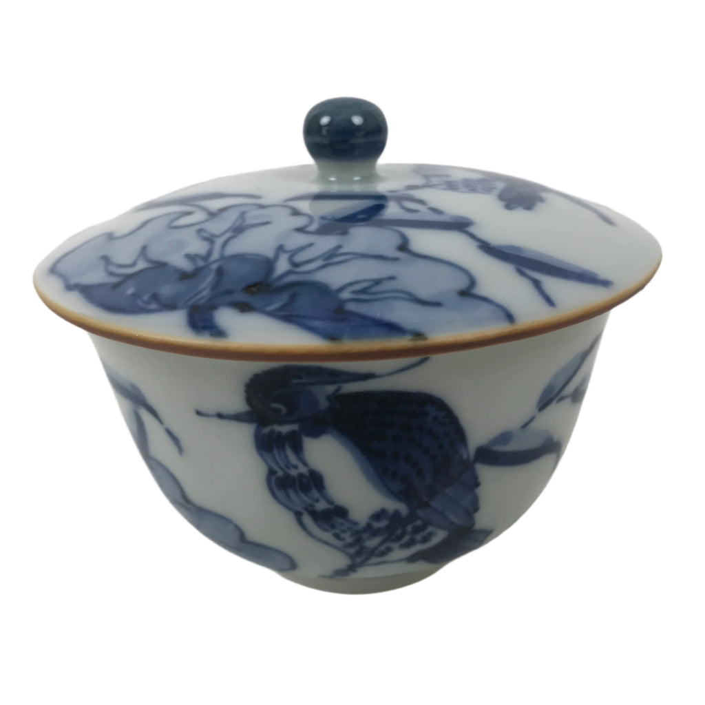 Japanese Ceramic Lidded Teacup Vtg Sometsuke Bird Tree Blue White TC577