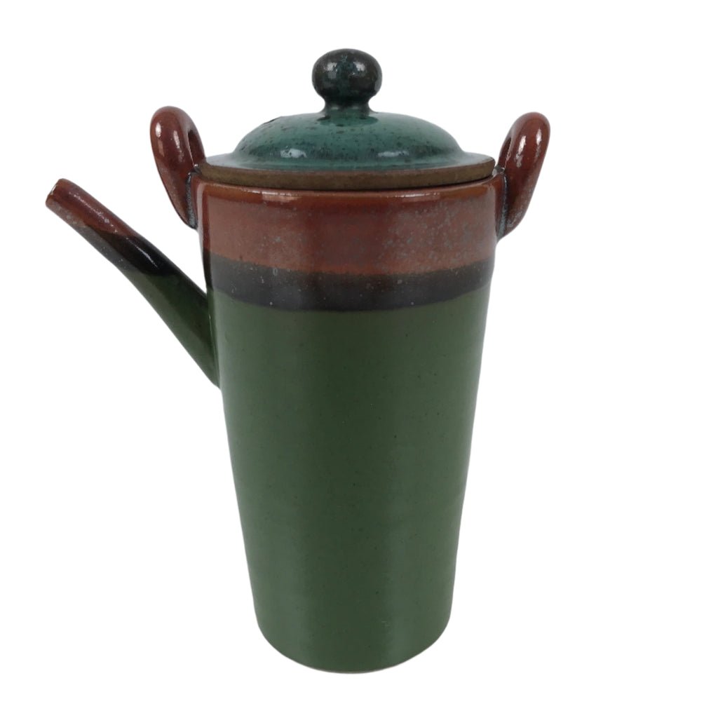 Japanese Ceramic Lidded Teapot Vtg Tall Small Pot Green Brown Black Decor Y409