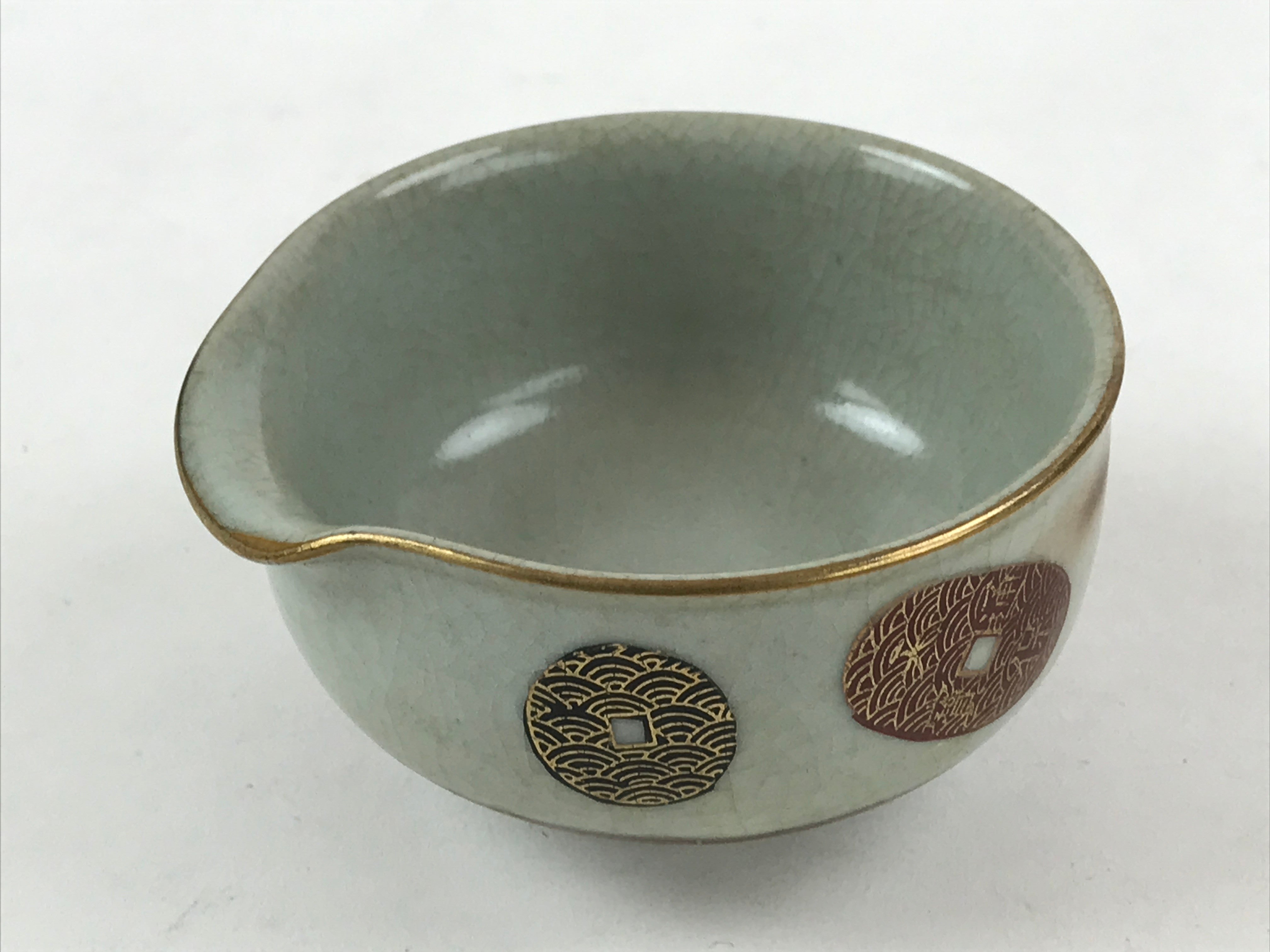 Japanese Ceramic Lipped Bowl Vtg Katakuchi Light Green Crackle Glaze PY492