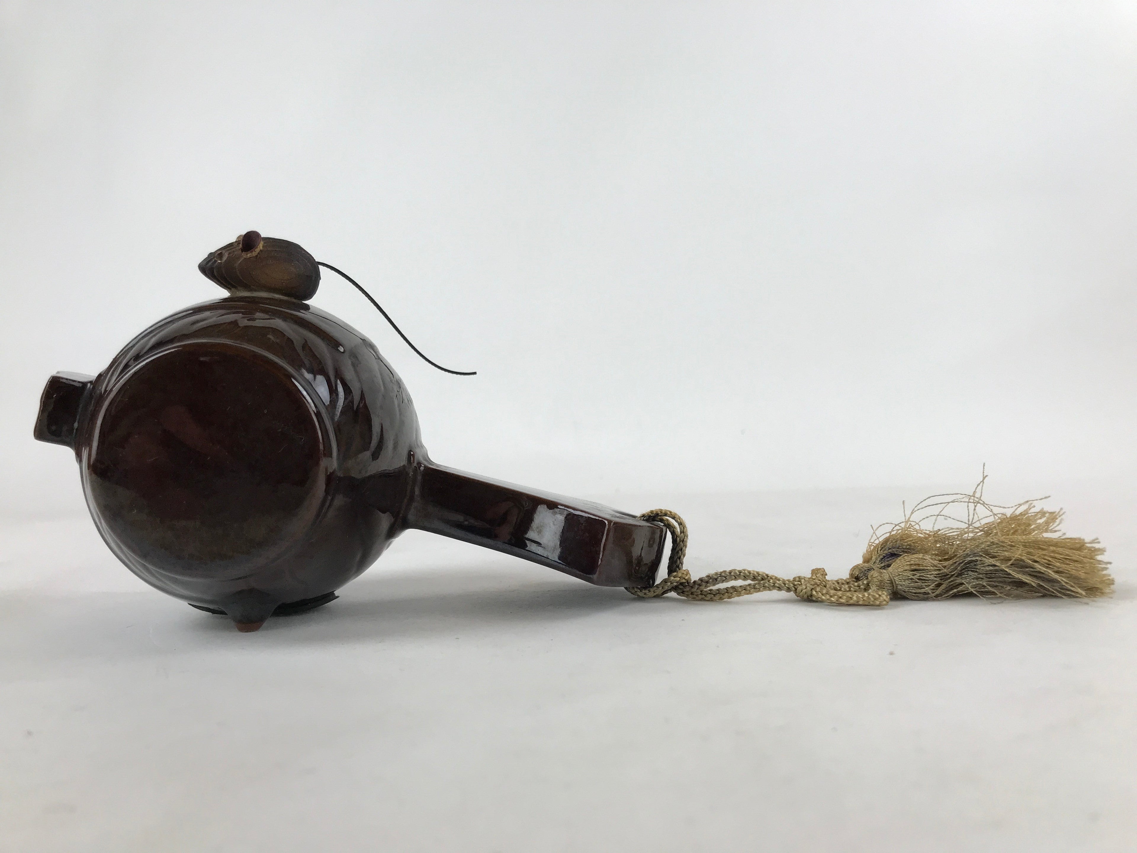 Japanese Ceramic Lucky Hammer Zodiac Still Bank Vtg Mouse Wood Brown JK658