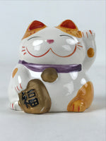 Japanese Ceramic Maneki Neko Cat Piggy Bank Vtg Chokin Bako White Orange BD944