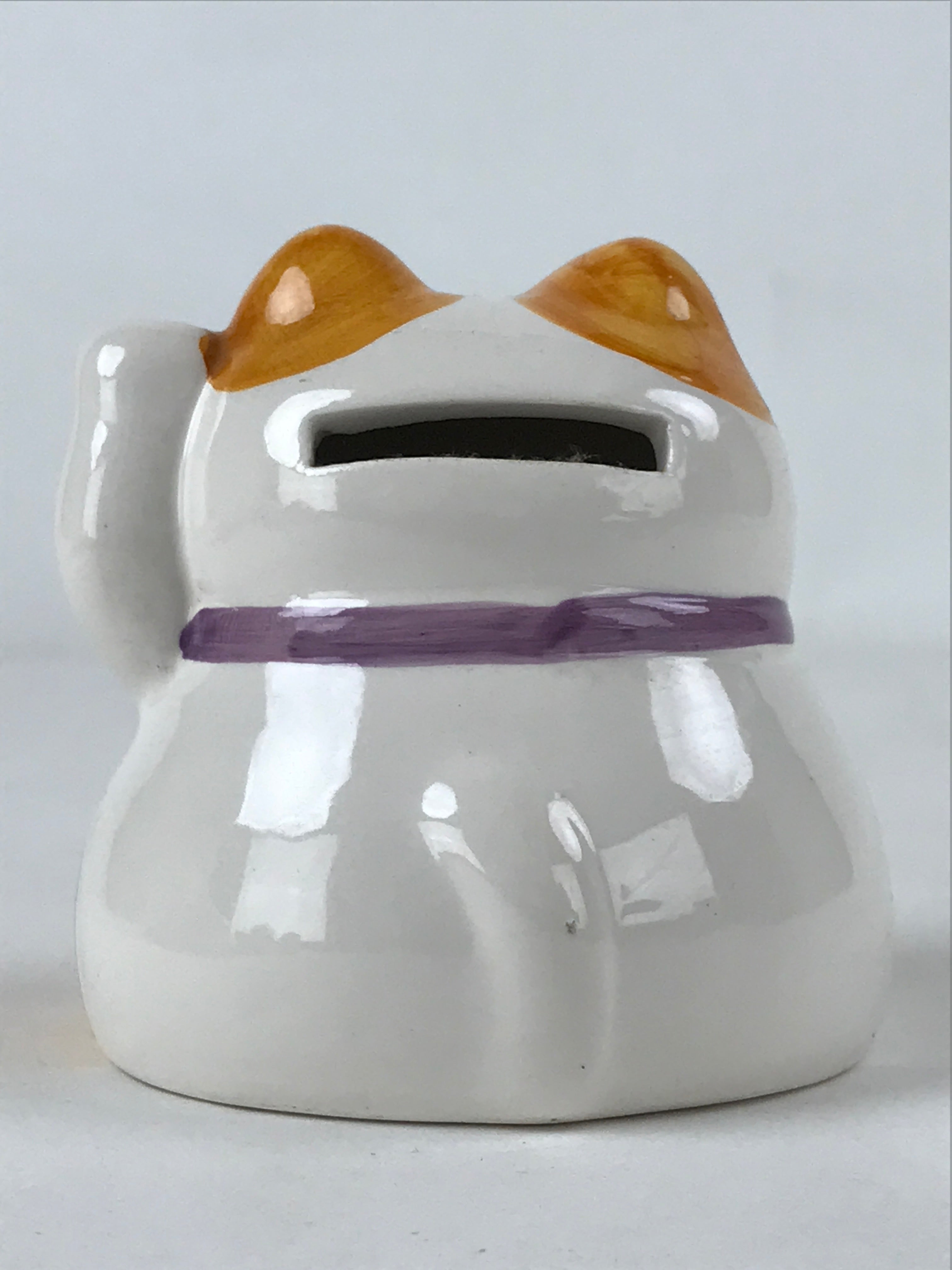 Japanese Ceramic Maneki Neko Cat Piggy Bank Vtg Chokin Bako White Orange BD944