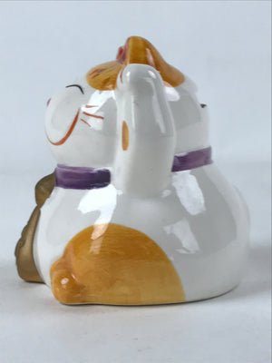 Japanese Ceramic Maneki Neko Cat Piggy Bank Vtg Chokin Bako White Orange BD944