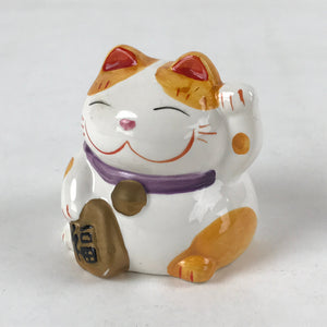 Japanese Ceramic Maneki Neko Cat Piggy Bank Vtg Chokin Bako White Orange BD944