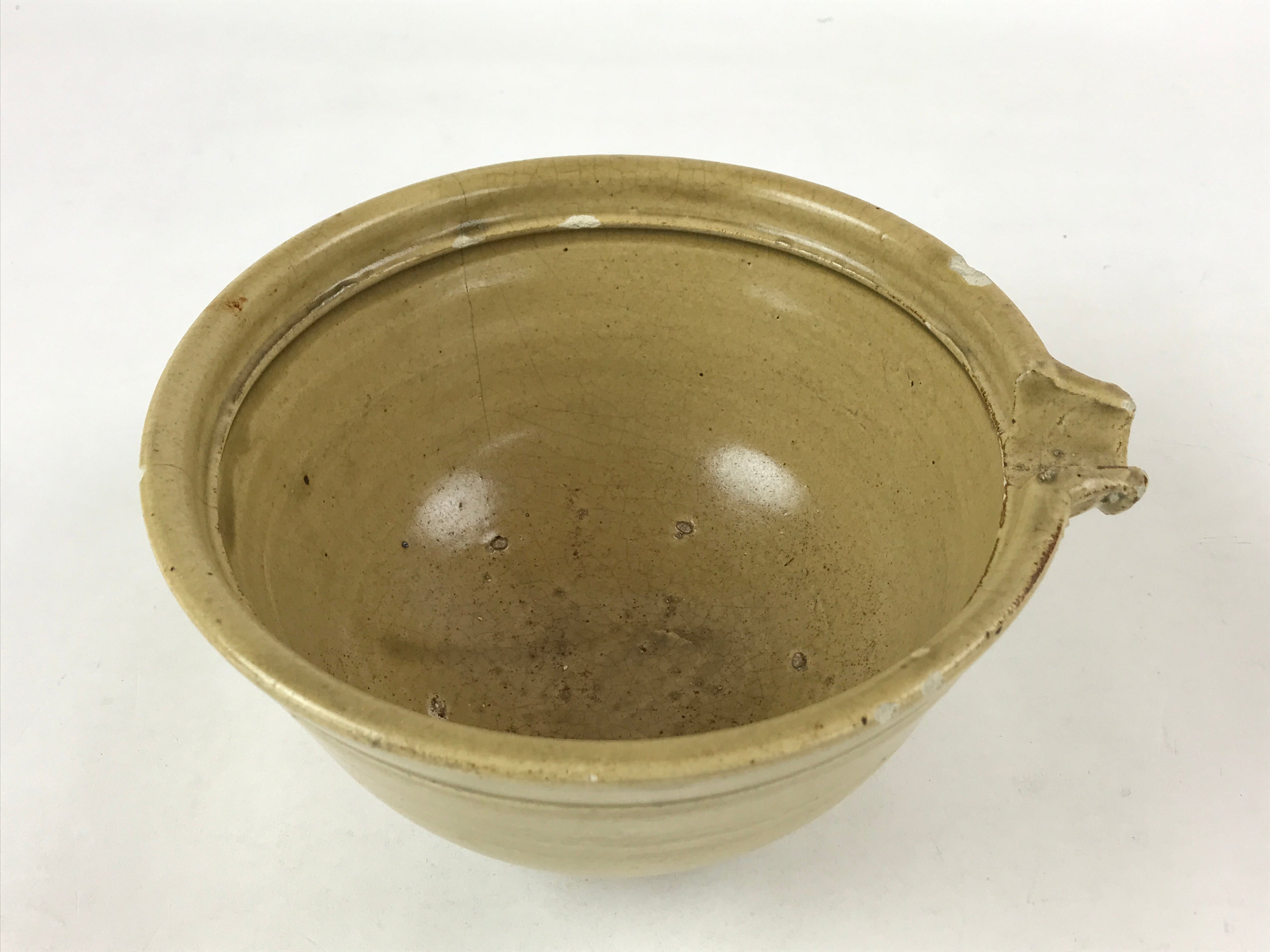 Japanese Ceramic Mixing Bowl Katakuchi Vtg Spout Yellow Glaze Ikebana PY569