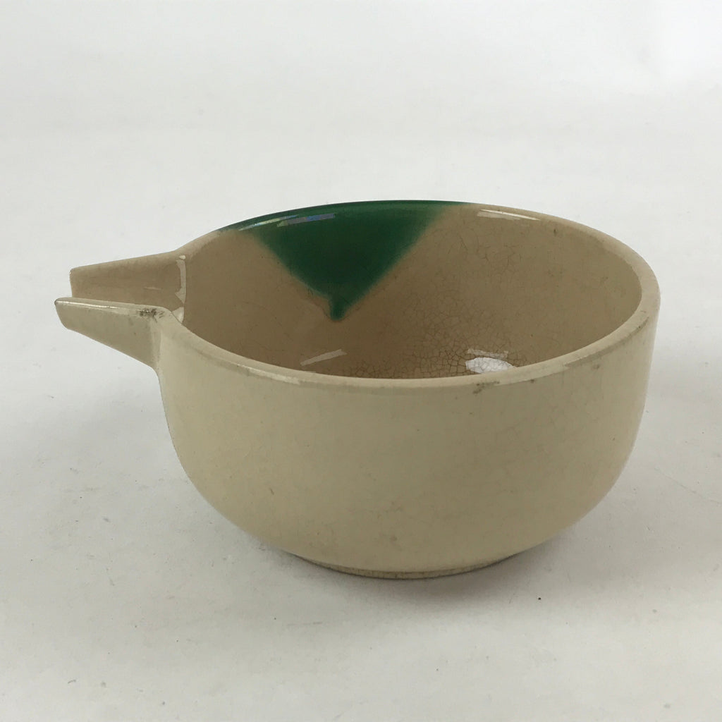 Japanese Ceramic Oribe Matcha Serving Bowl Katakuchi Vtg Spout Green Beige PY546