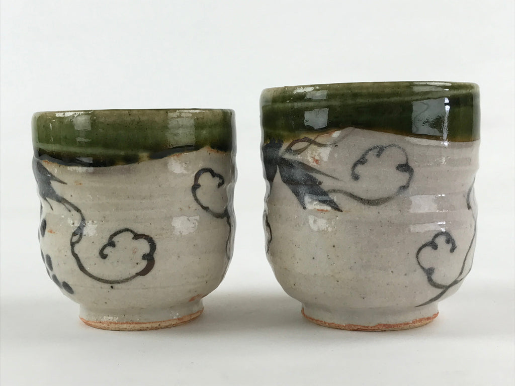 Japanese Ceramic Oribe Ware 2pc Teacups Vtg Yunomi Yakimono Gyokuzan Kiln PX69