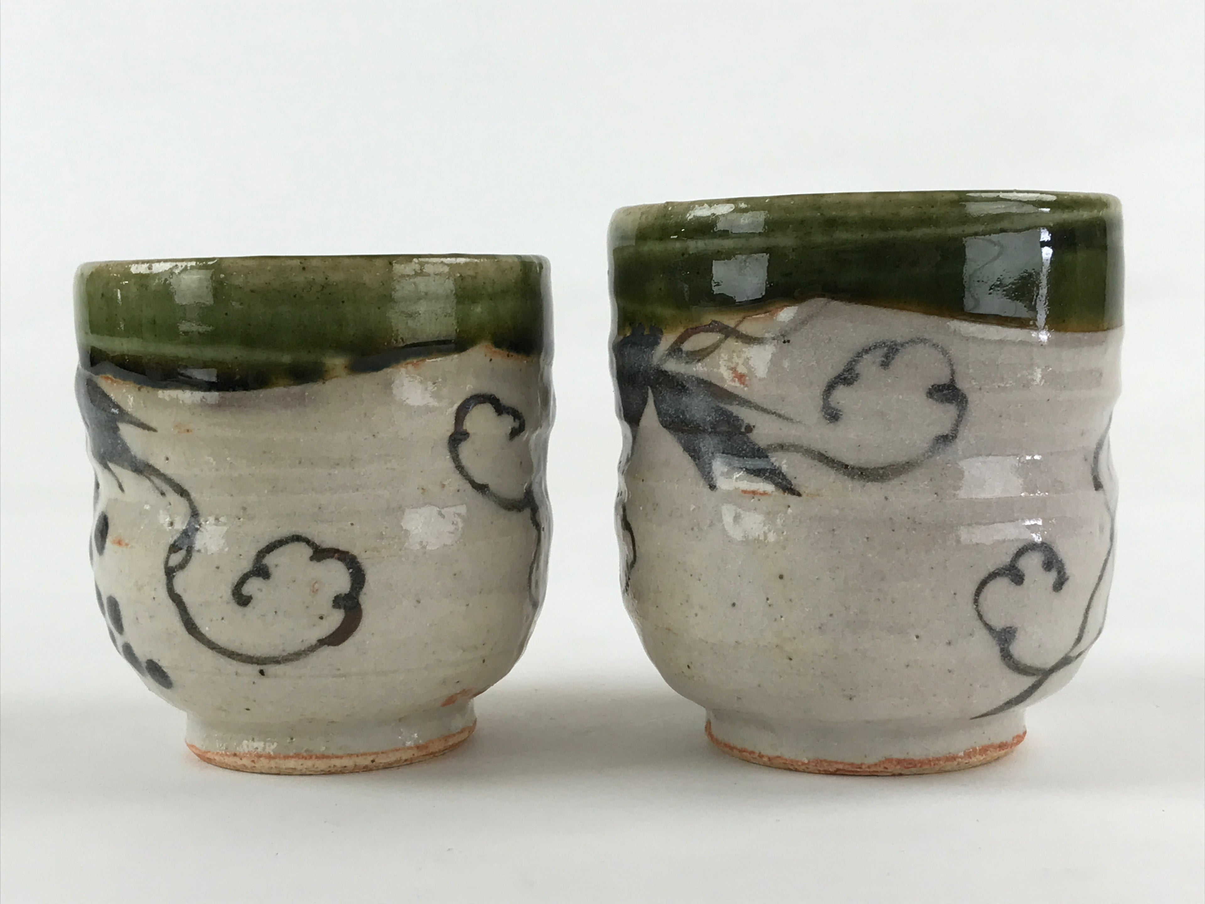 Japanese Ceramic Oribe Ware 2pc Teacups Vtg Yunomi Yakimono Gyokuzan Kiln PX69