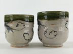 Japanese Ceramic Oribe Ware 2pc Teacups Vtg Yunomi Yakimono Gyokuzan Kiln PX69