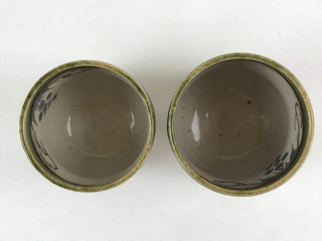 Japanese Ceramic Oribe Ware 2pc Teacups Vtg Yunomi Yakimono Gyokuzan Kiln PX69