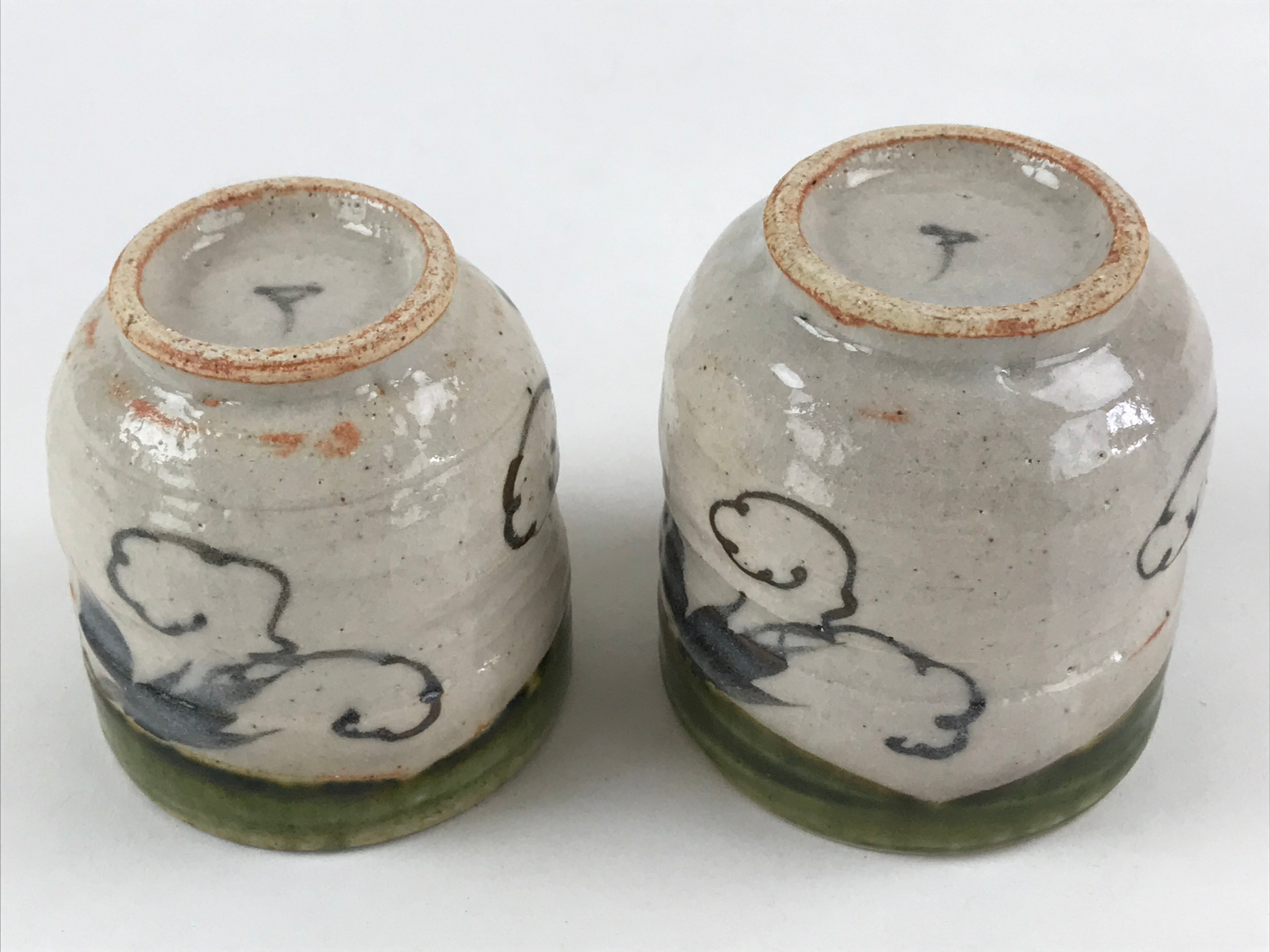 Japanese Ceramic Oribe Ware 2pc Teacups Vtg Yunomi Yakimono Gyokuzan Kiln PX69