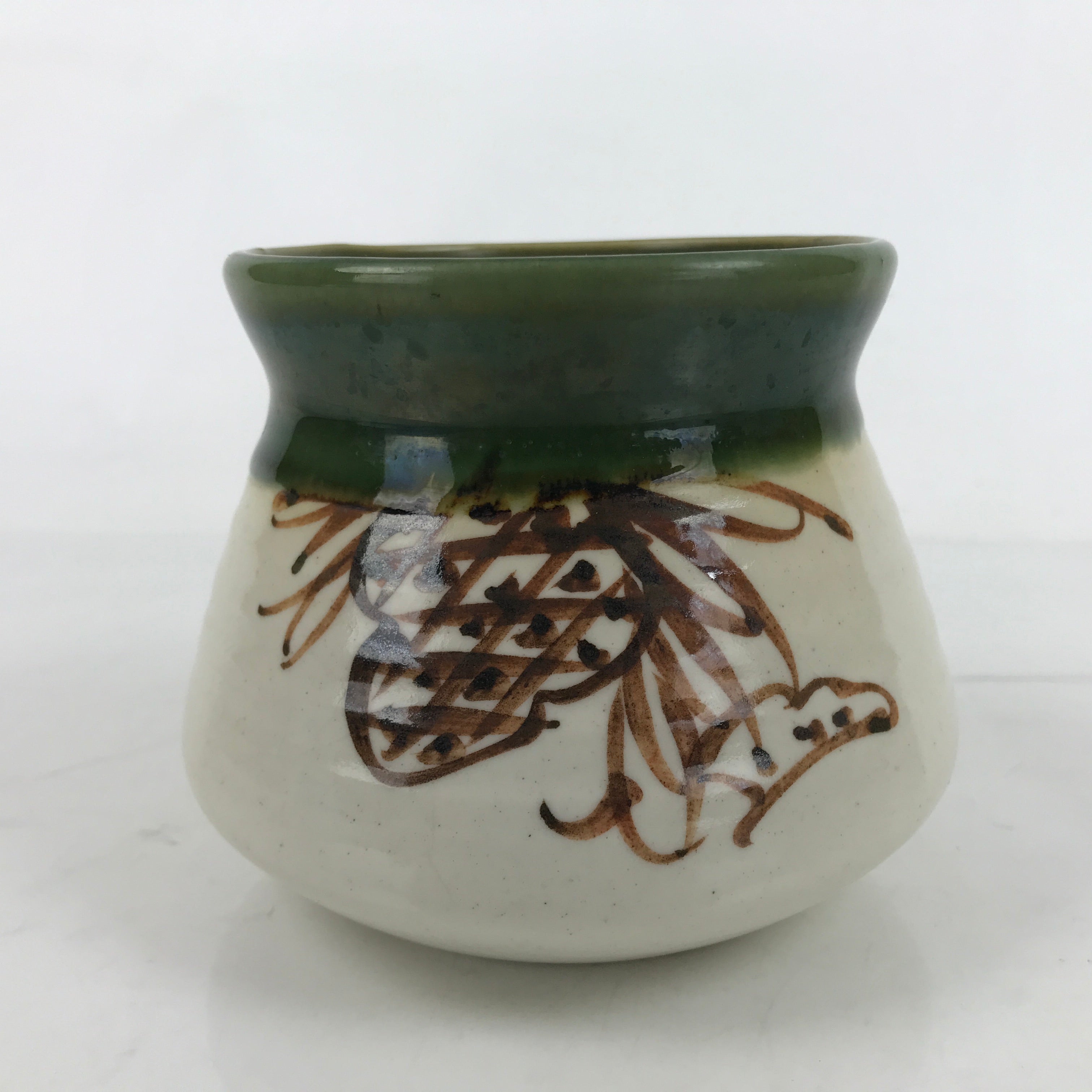 Japanese Ceramic Oribe Ware Cooking Fat Skimmer Pot Vtg Araire Green Beige Y209