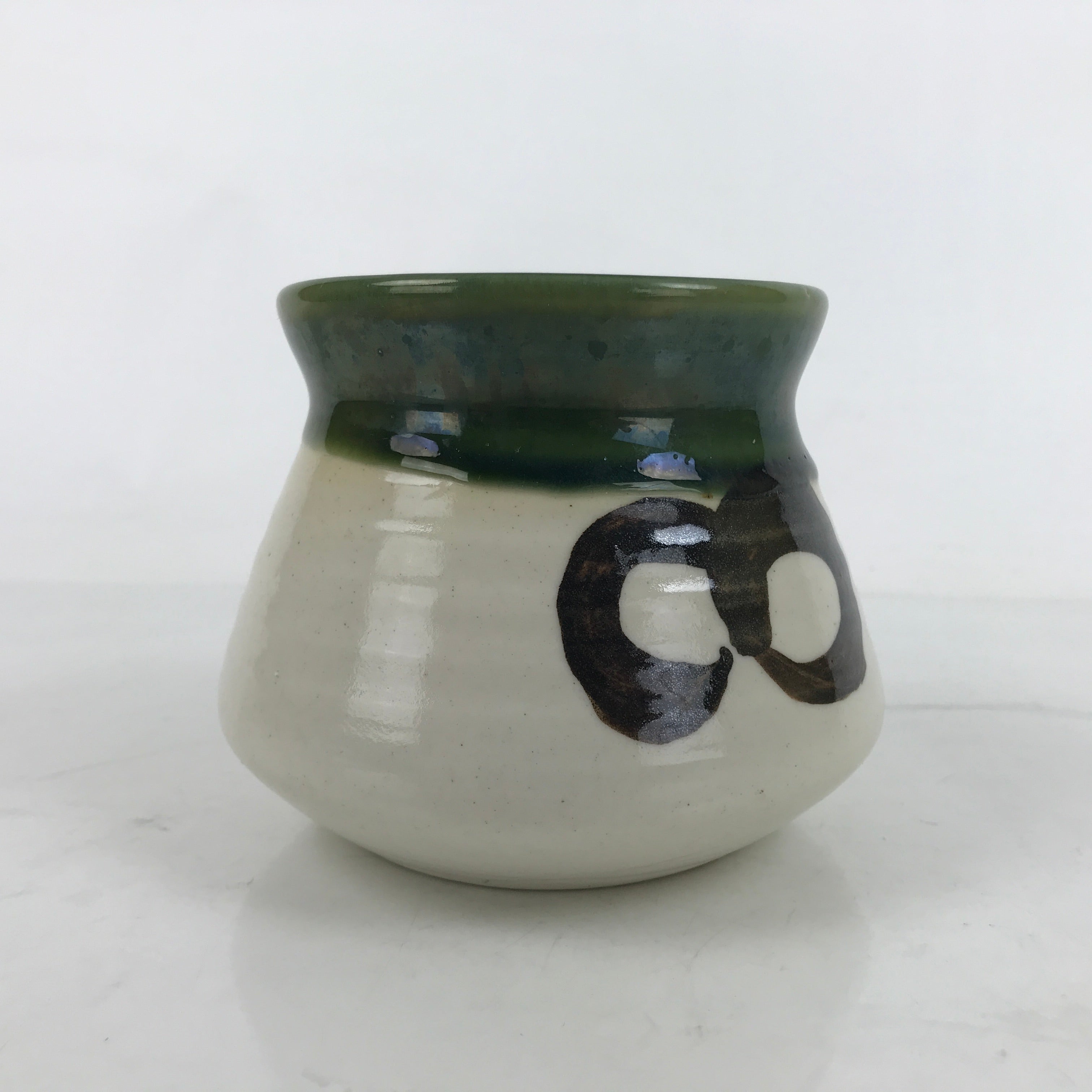 Japanese Ceramic Oribe Ware Cooking Fat Skimmer Pot Vtg Araire Green Beige Y209