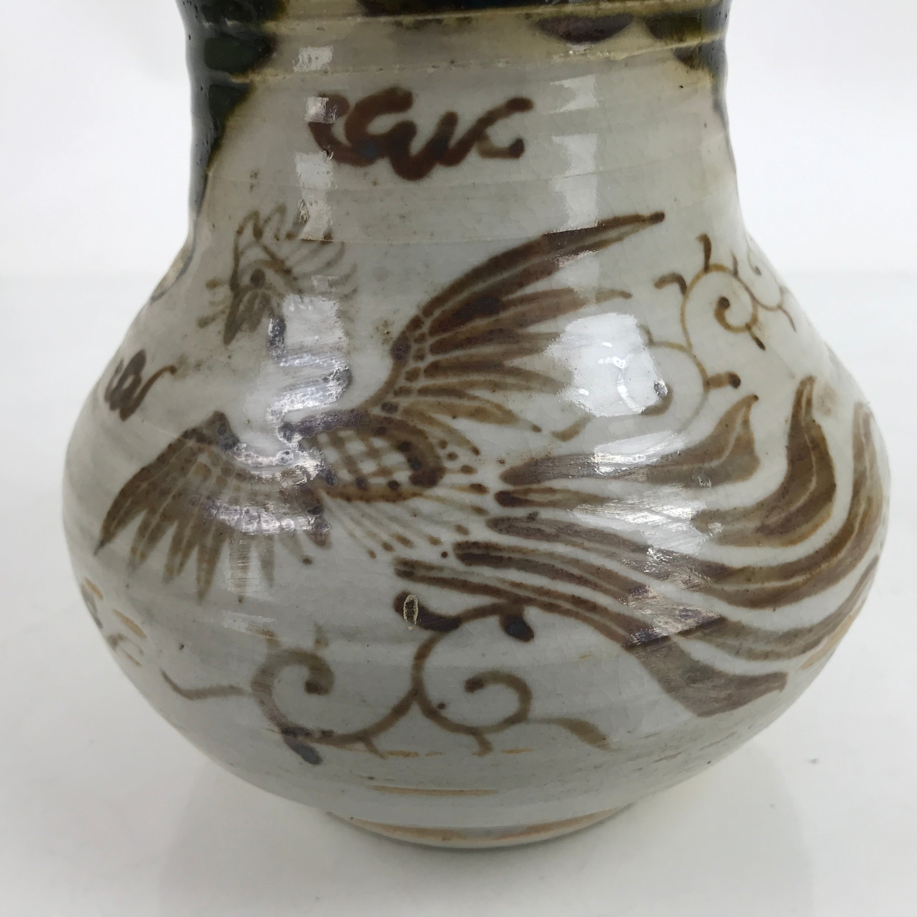 Japanese Ceramic Oribe Ware Flower Vase Vtg Ikebana Kabin Ho-Oh Brown FK128