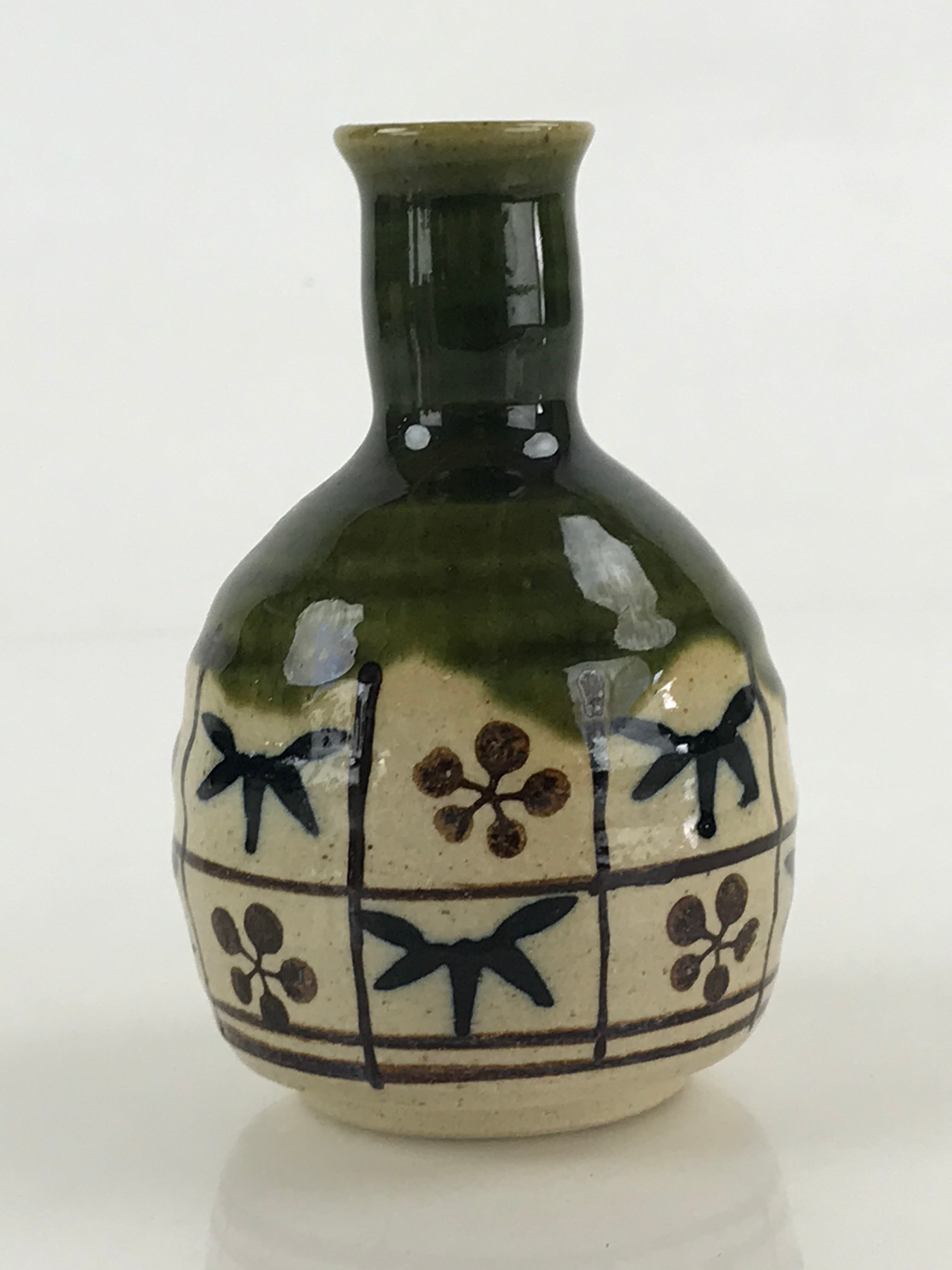 Japanese Ceramic Oribe Ware Sake Bottle Tokkuri Ichigo Vtg Pottery Green TS529