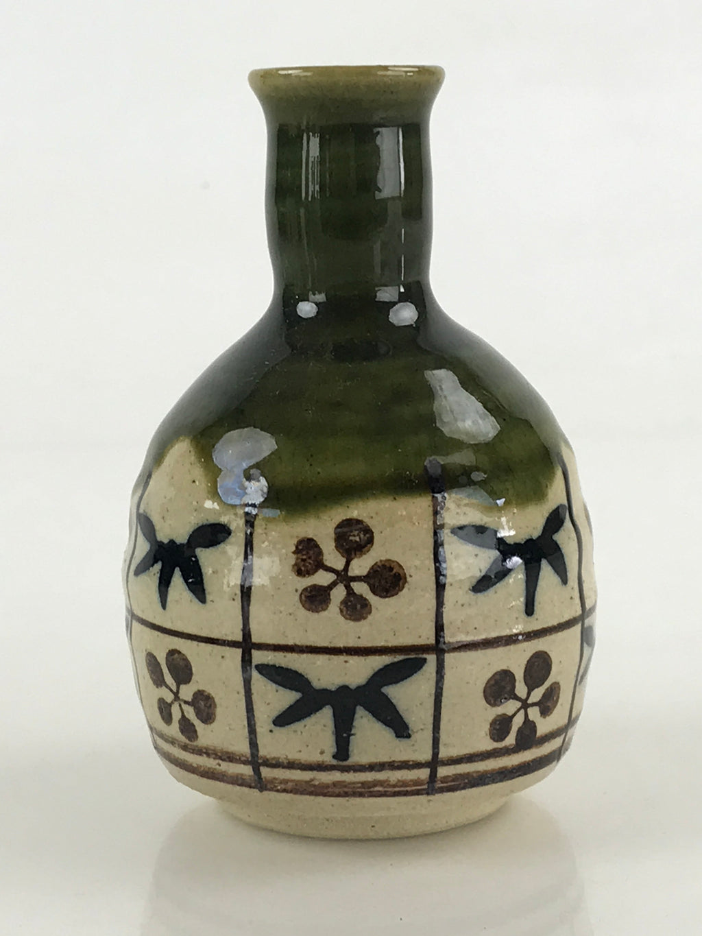 Japanese Ceramic Oribe Ware Sake Bottle Tokkuri Ichigo Vtg Pottery Green TS529
