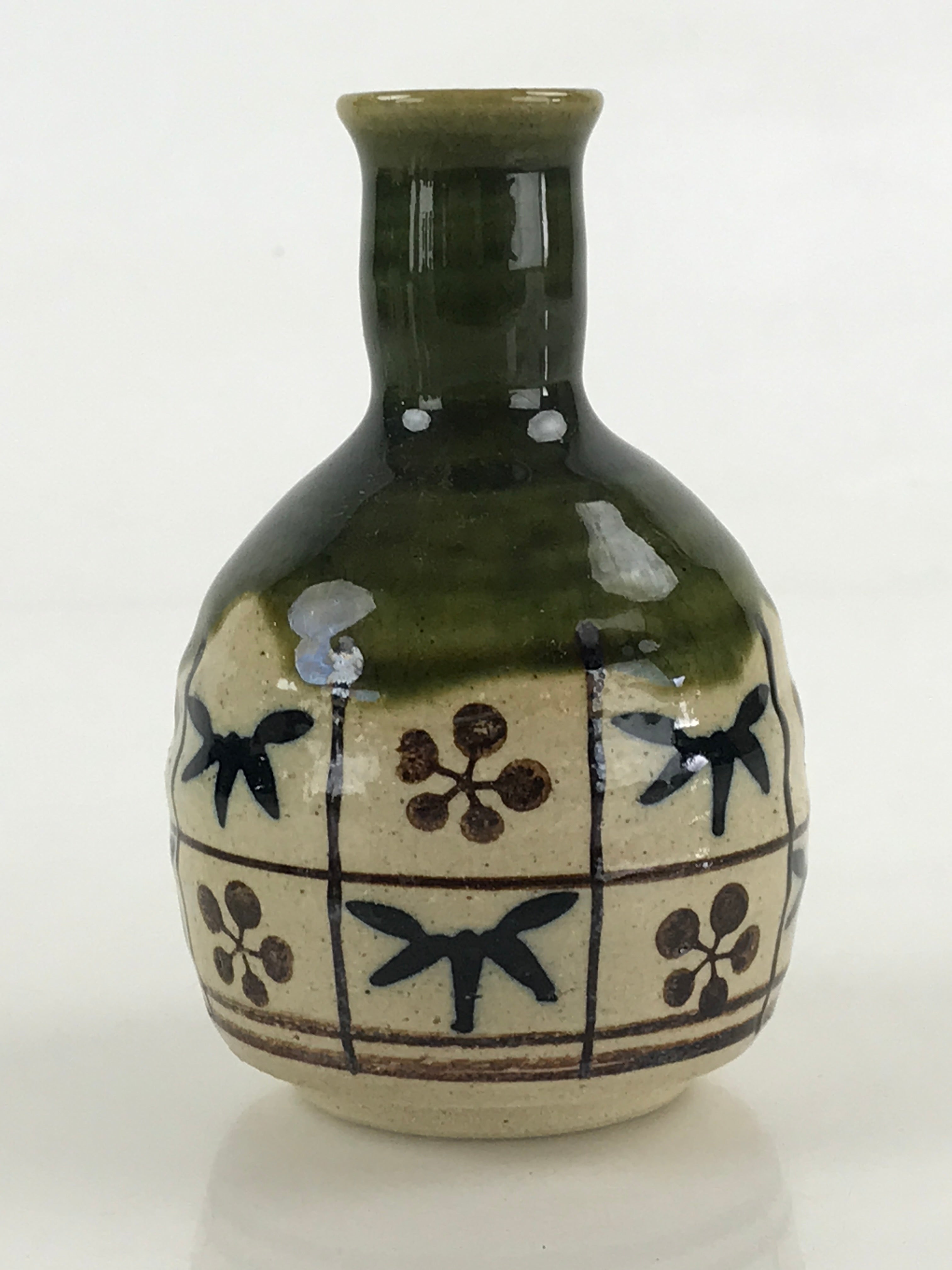 Japanese Ceramic Oribe Ware Sake Bottle Tokkuri Ichigo Vtg Pottery Green TS529