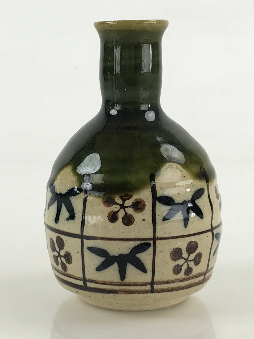 Japanese Ceramic Oribe Ware Sake Bottle Tokkuri Ichigo Vtg Pottery Green TS529