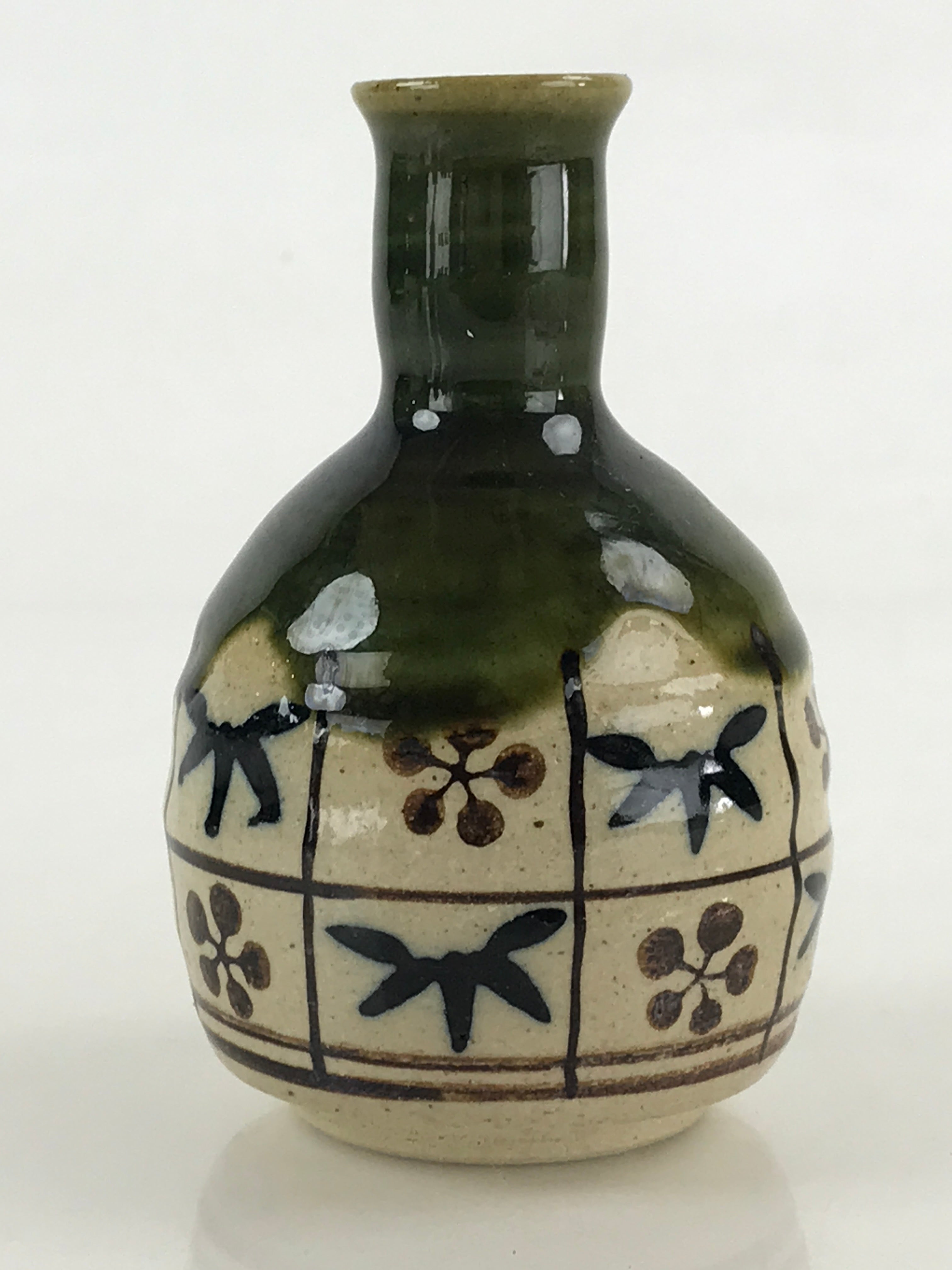 Japanese Ceramic Oribe Ware Sake Bottle Tokkuri Ichigo Vtg Pottery Green TS529