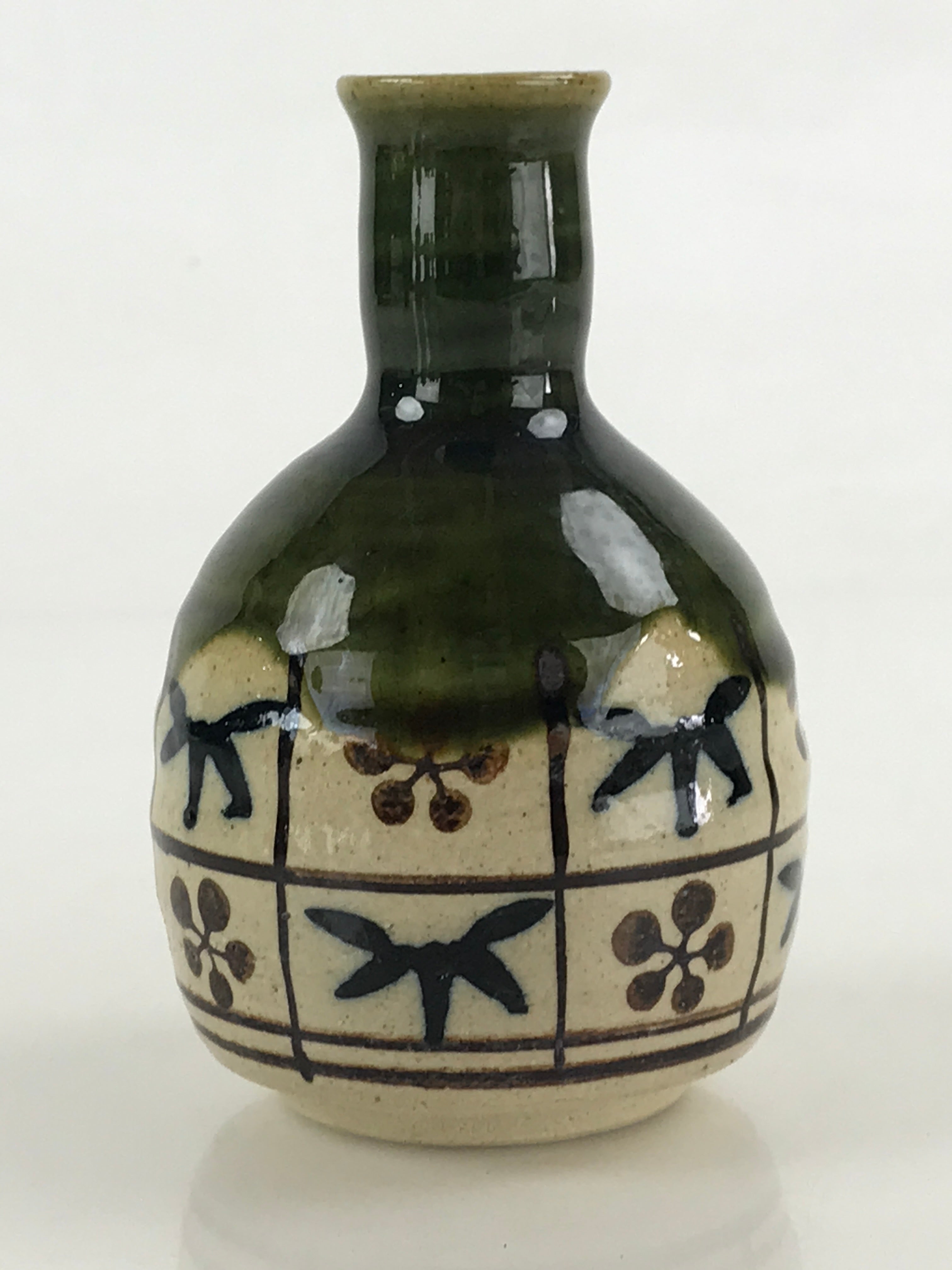 Japanese Ceramic Oribe Ware Sake Bottle Tokkuri Ichigo Vtg Pottery Green TS529