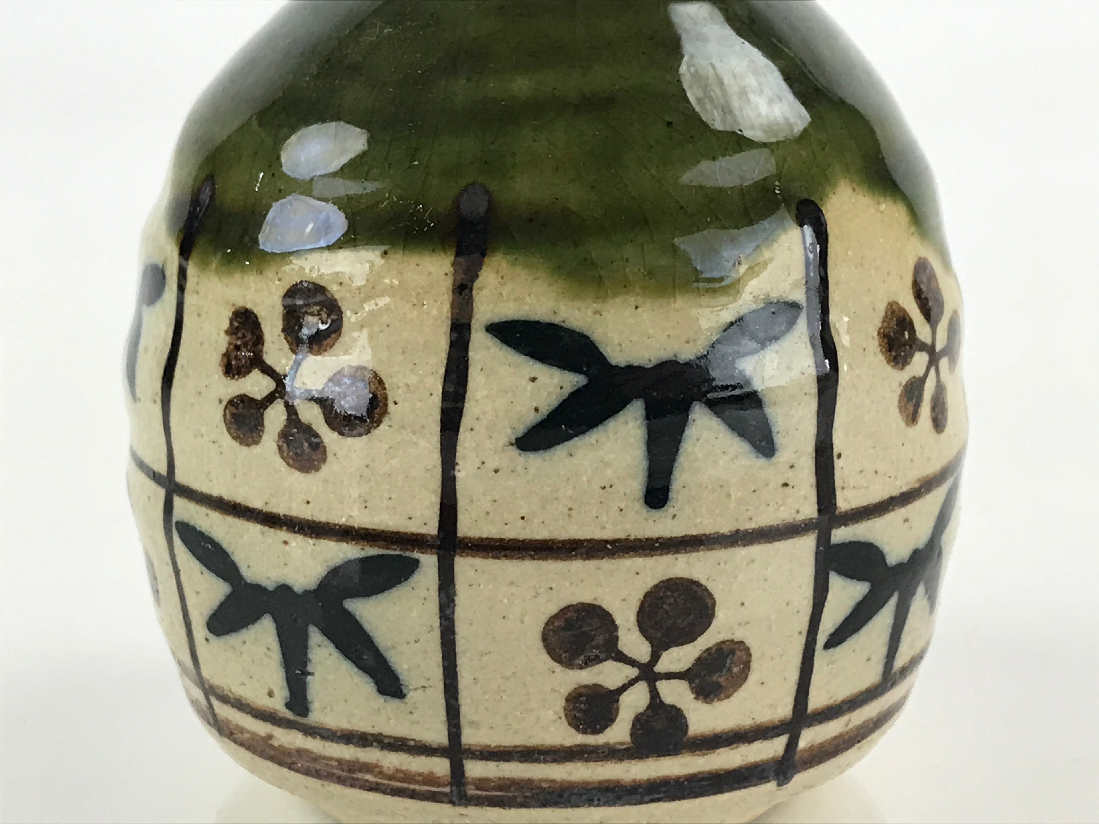 Japanese Ceramic Oribe Ware Sake Bottle Tokkuri Ichigo Vtg Pottery Green TS529