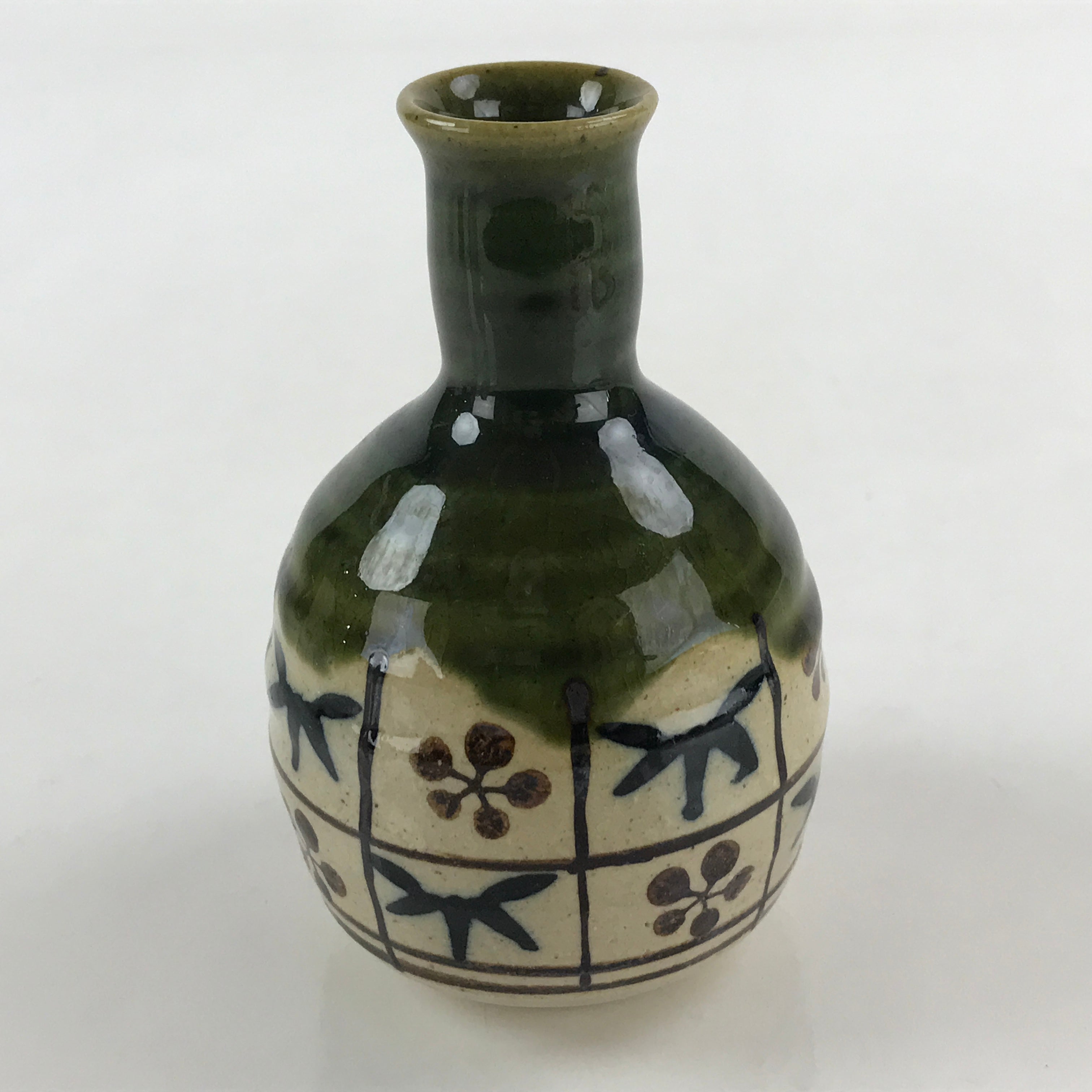 Japanese Ceramic Oribe Ware Sake Bottle Tokkuri Ichigo Vtg Pottery Green TS529