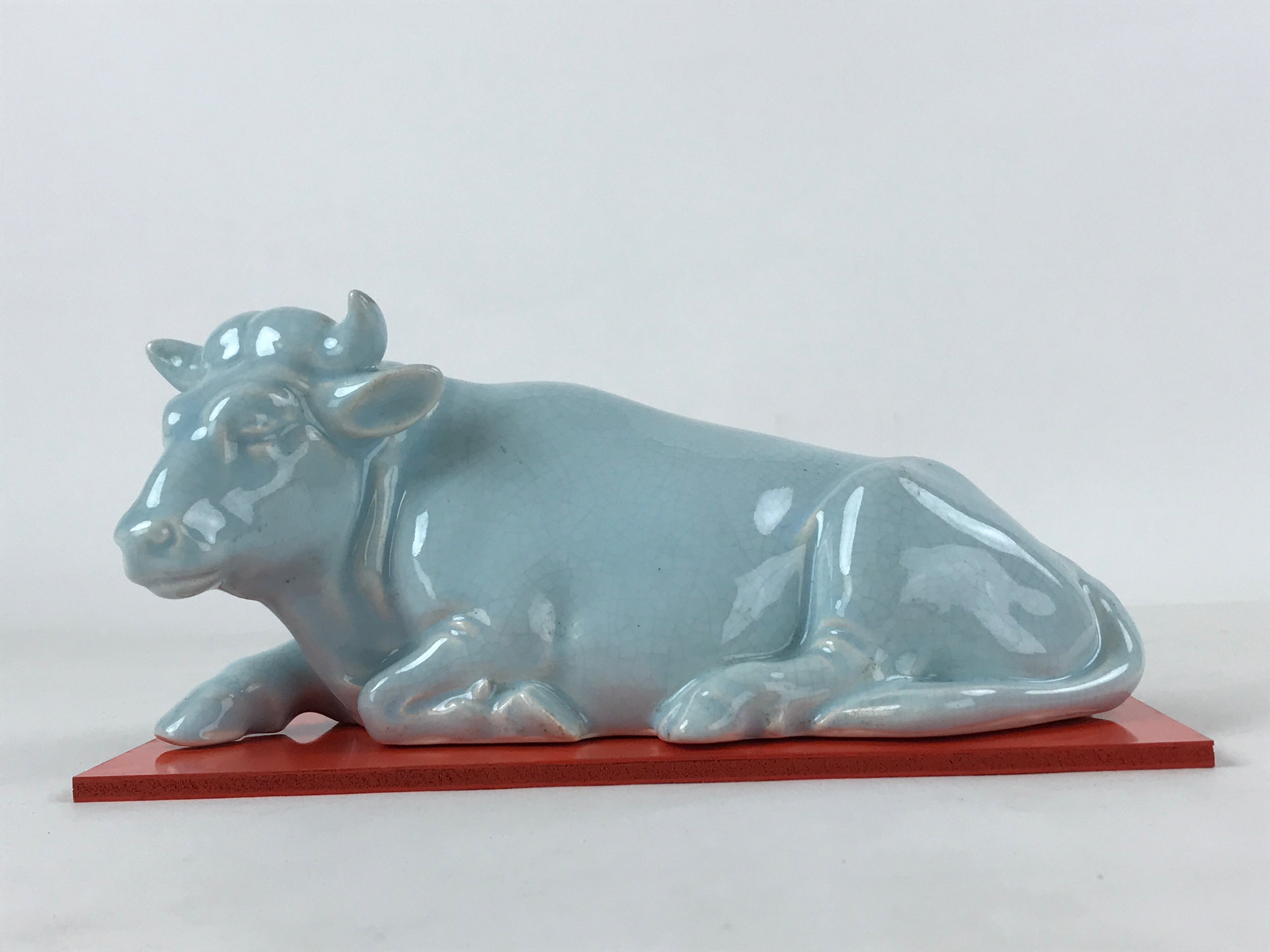 Japanese Ceramic Ox Figurine Vtg Green Red Stand Zodiac Decoration W/ Box PX716