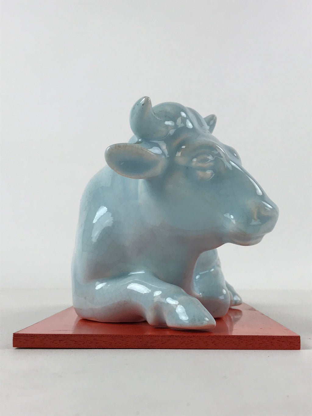 Japanese Ceramic Ox Figurine Vtg Green Red Stand Zodiac Decoration W/ Box PX716